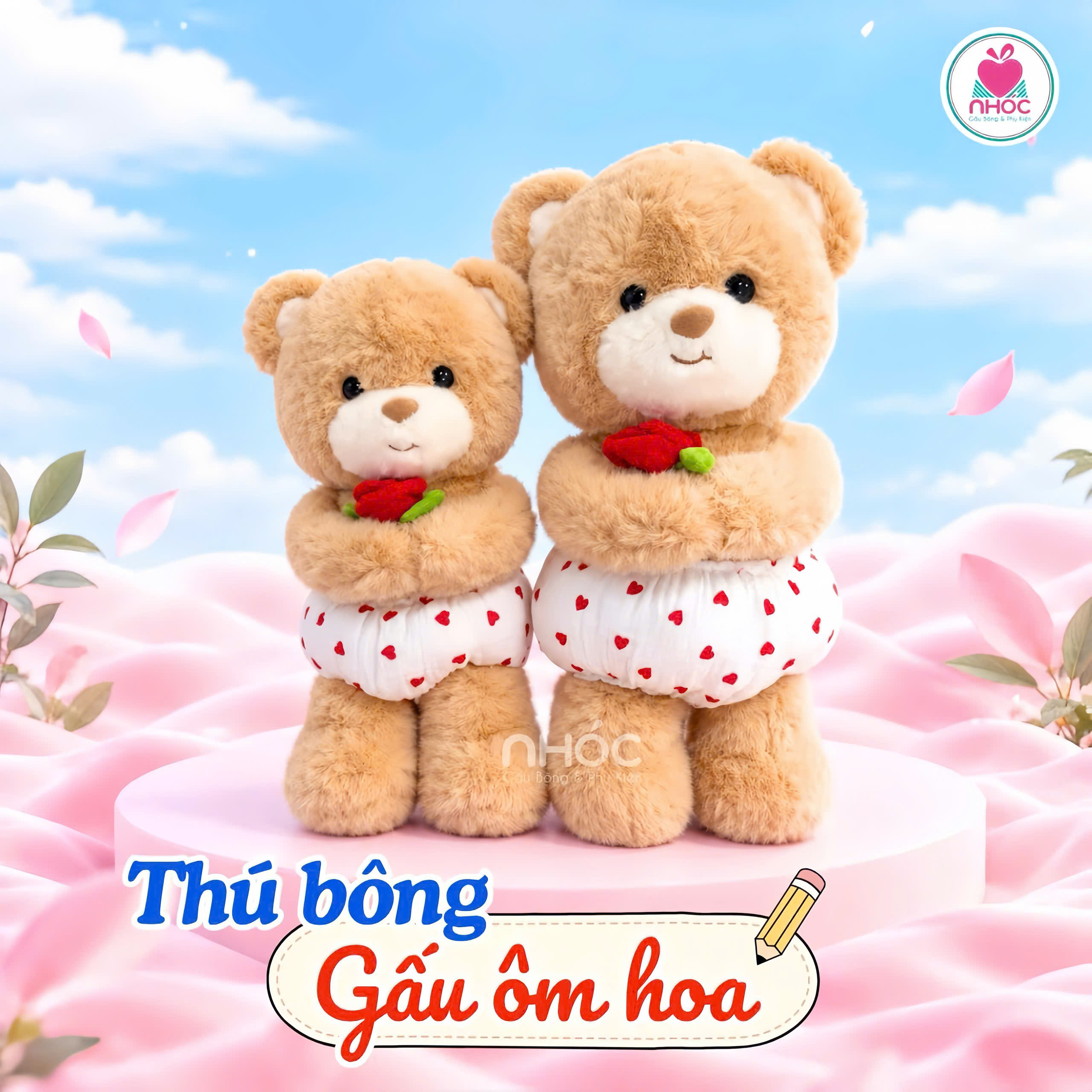Thú bông gấu mặc quần tim ôm hoa lông xù