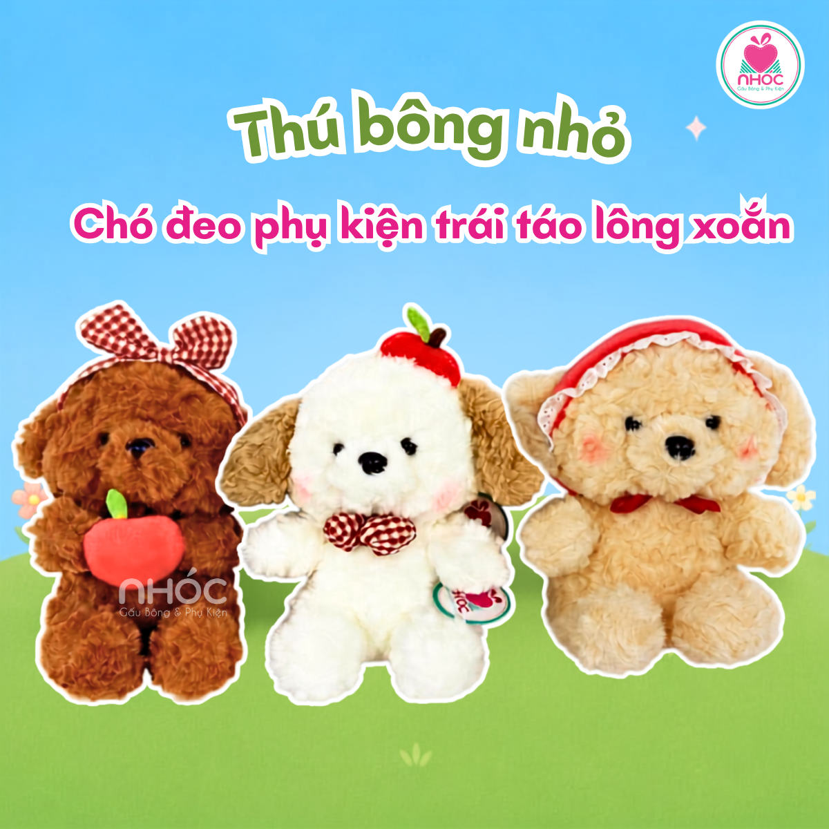 Thú bông nhỏ Chó đeo phụ kiện trái táo lông xoắn