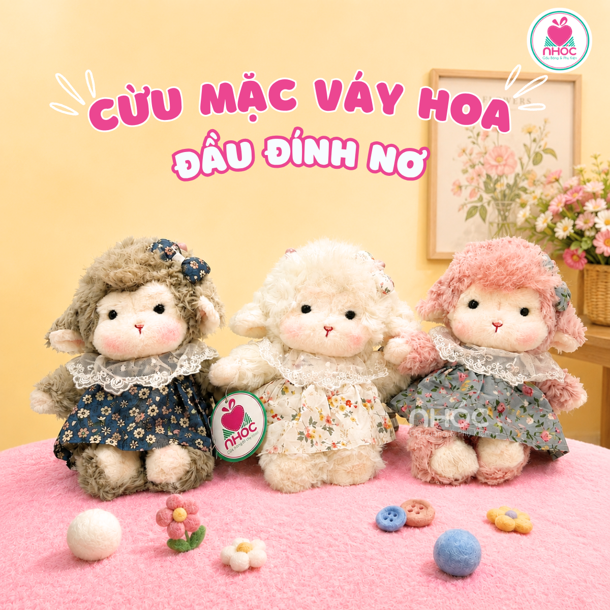 Thú bông nhỏ Cừu mặc váy hoa đầu đính nơ