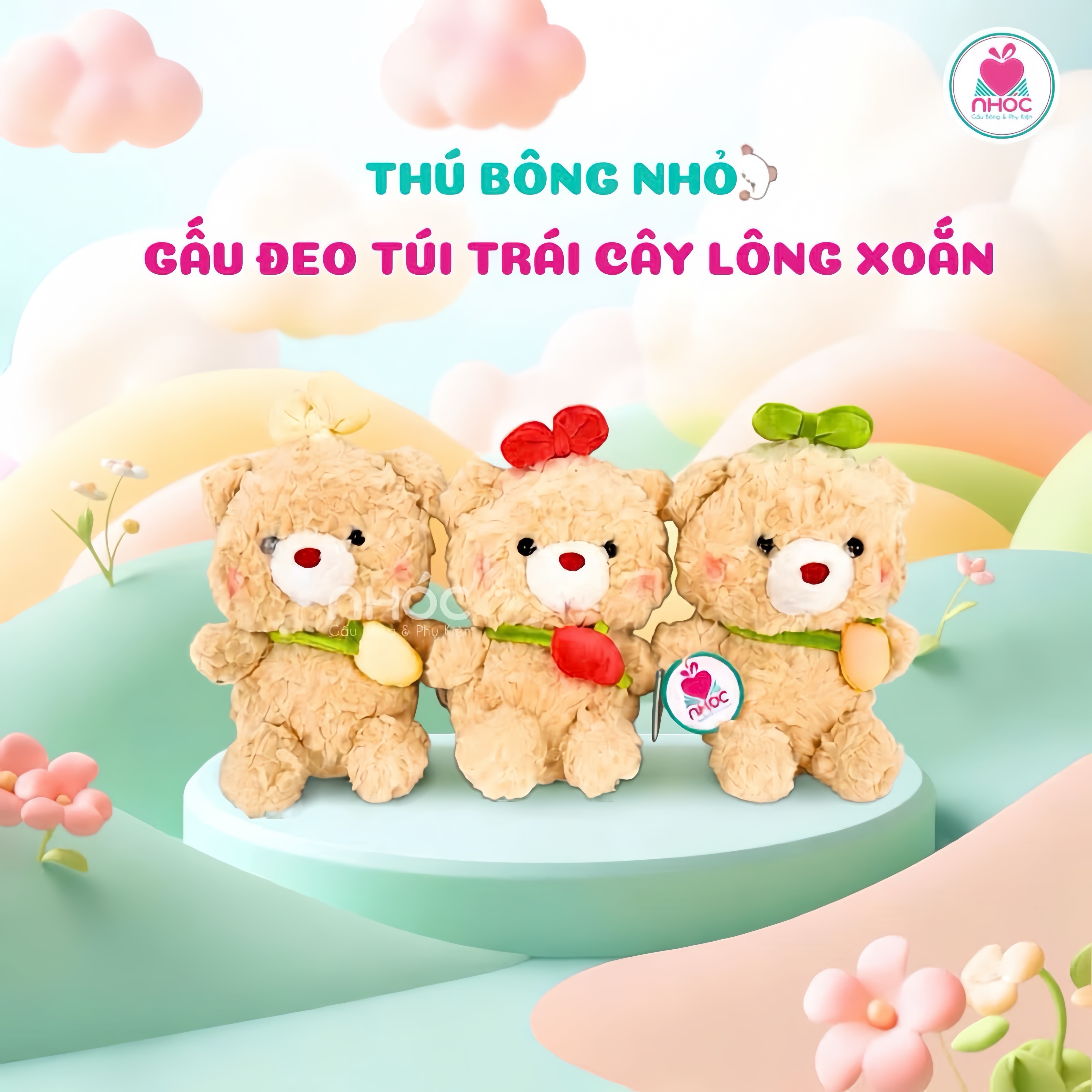 Thú bông nhỏ Gấu đeo túi trái cây lông xoắn 3m - Kem - 2011026