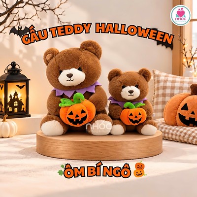 Gấu Teddy Halloween ôm bí ngô lông xù ngồi TC
