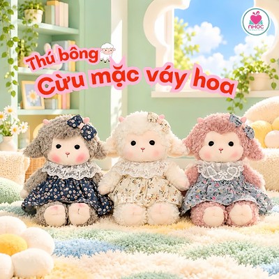 Thú bông Cừu mặc váy hoa đầu đính nơ