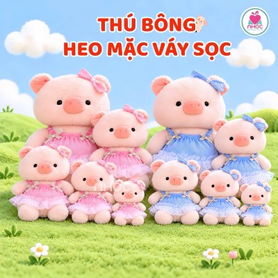 Thú bông Heo mặc váy sọc viền voan lông xù ngồi