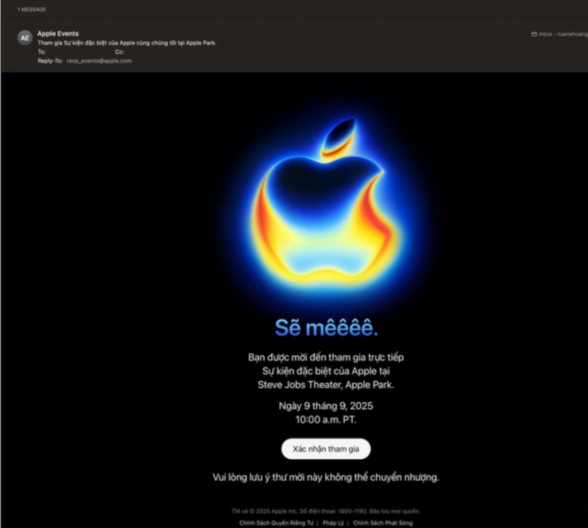 Apple gửi thư mời sự kiện ra mắt iPhone 17 ngày 9/9: “Sẽ mêêêê”