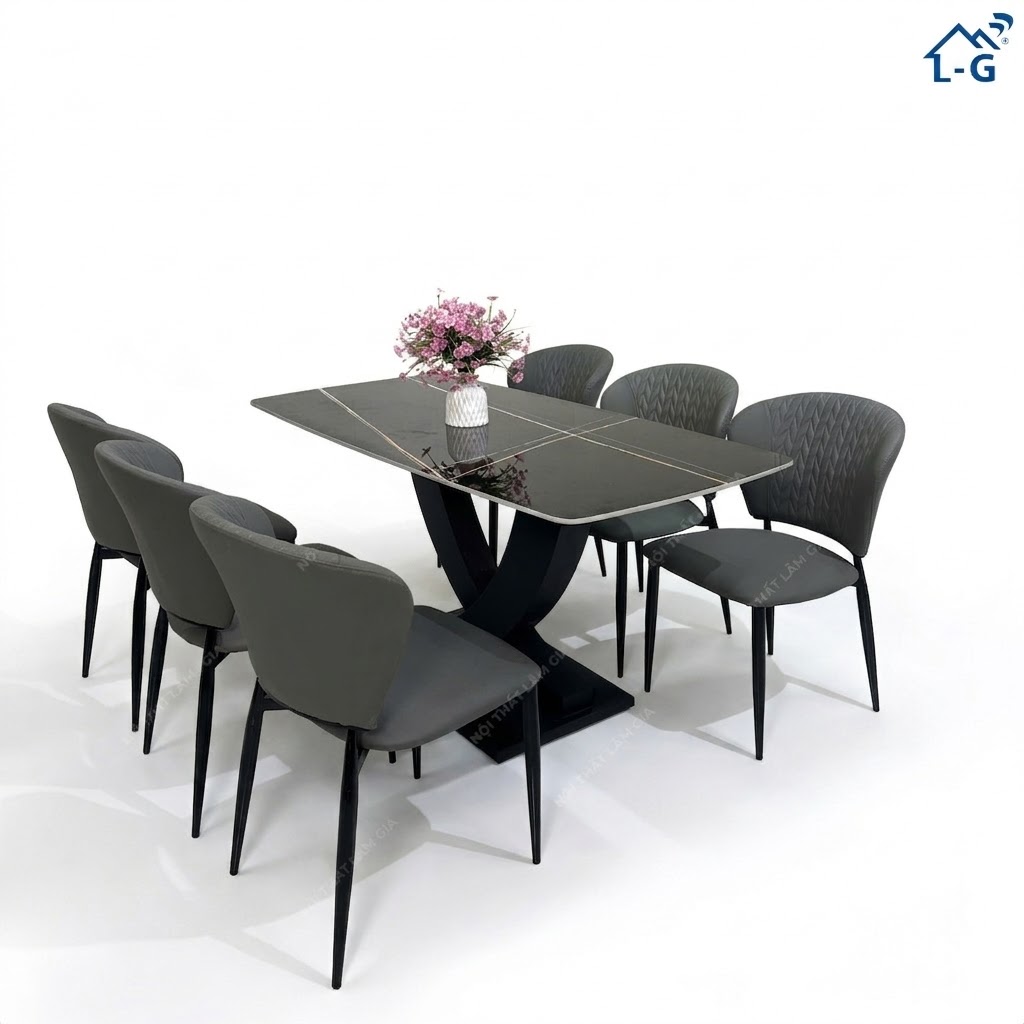 Bộ Bàn Ăn Mặt Đá Ceramic Chân Vin + 6 Ghế Vera (BBAMDCRMCV+6GV)