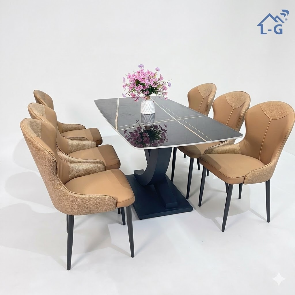 Bộ Bàn Ăn Mặt Đá Ceramic Chân Vin + 6 ghế VN46 (BBAMDCRMCV+6GV)