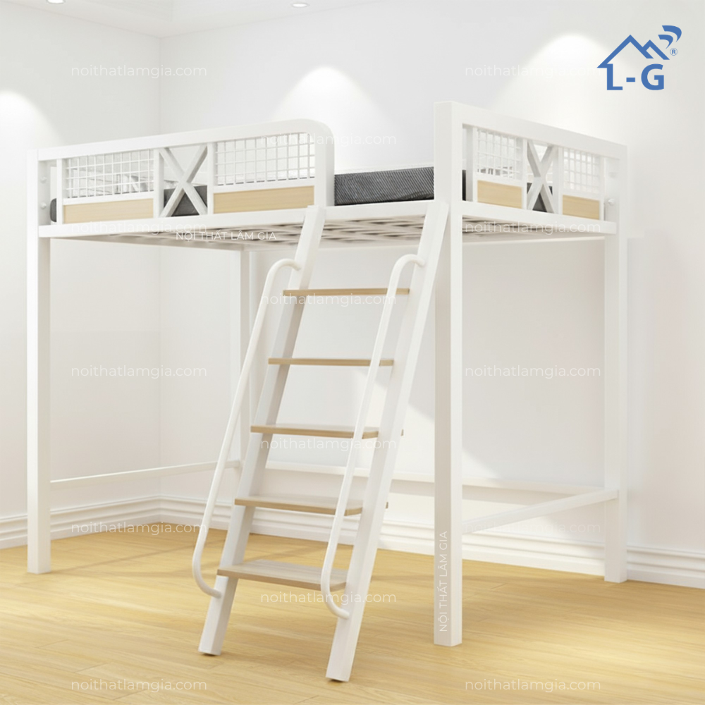 Giường 1 Tầng Sắt Hộp 4x4 Cầu Thang Bậc Gỗ (GS1T4X4CTBG)