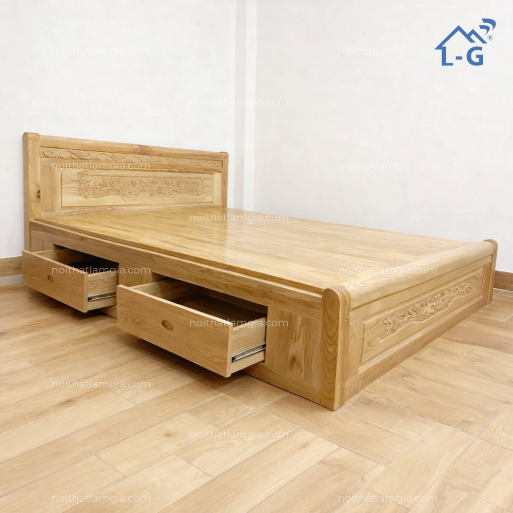 Giường Gỗ Sồi Vạt Phản 2 Hộc Kéo (GGSVP2HK - LG)