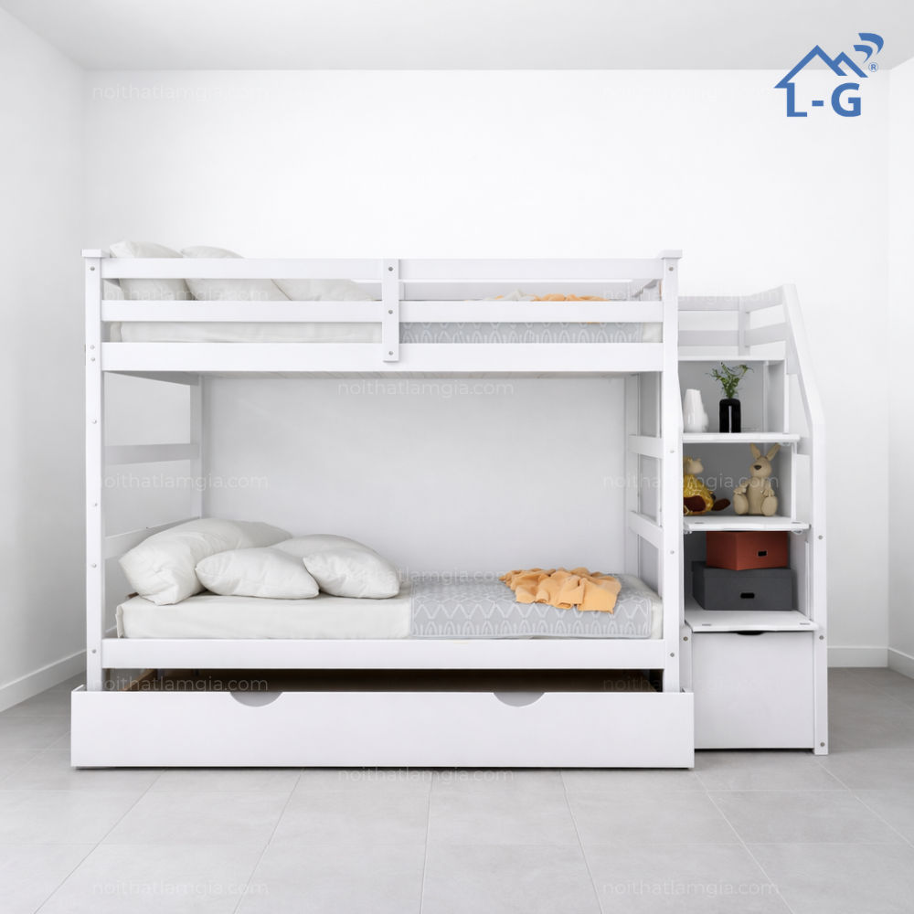 Giường Tầng Bằng Gỗ Thông Cầu Thang Hộc Bật Giường Kéo (GTBGTCTHBGK)
