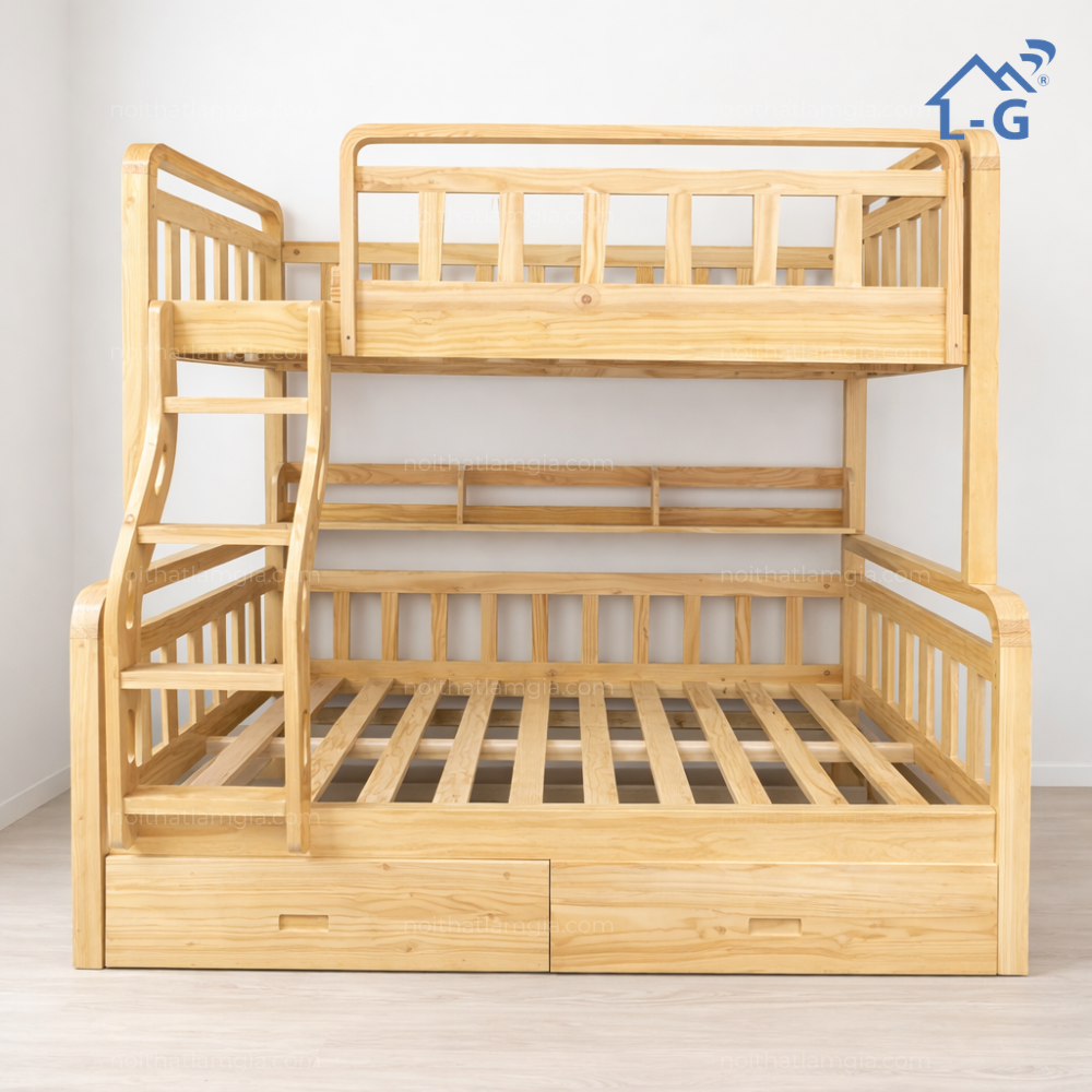 Giường Tầng Gỗ Lệch Cầu Thang Trèo MÃ UBIN (GTGLCTTUBIN)