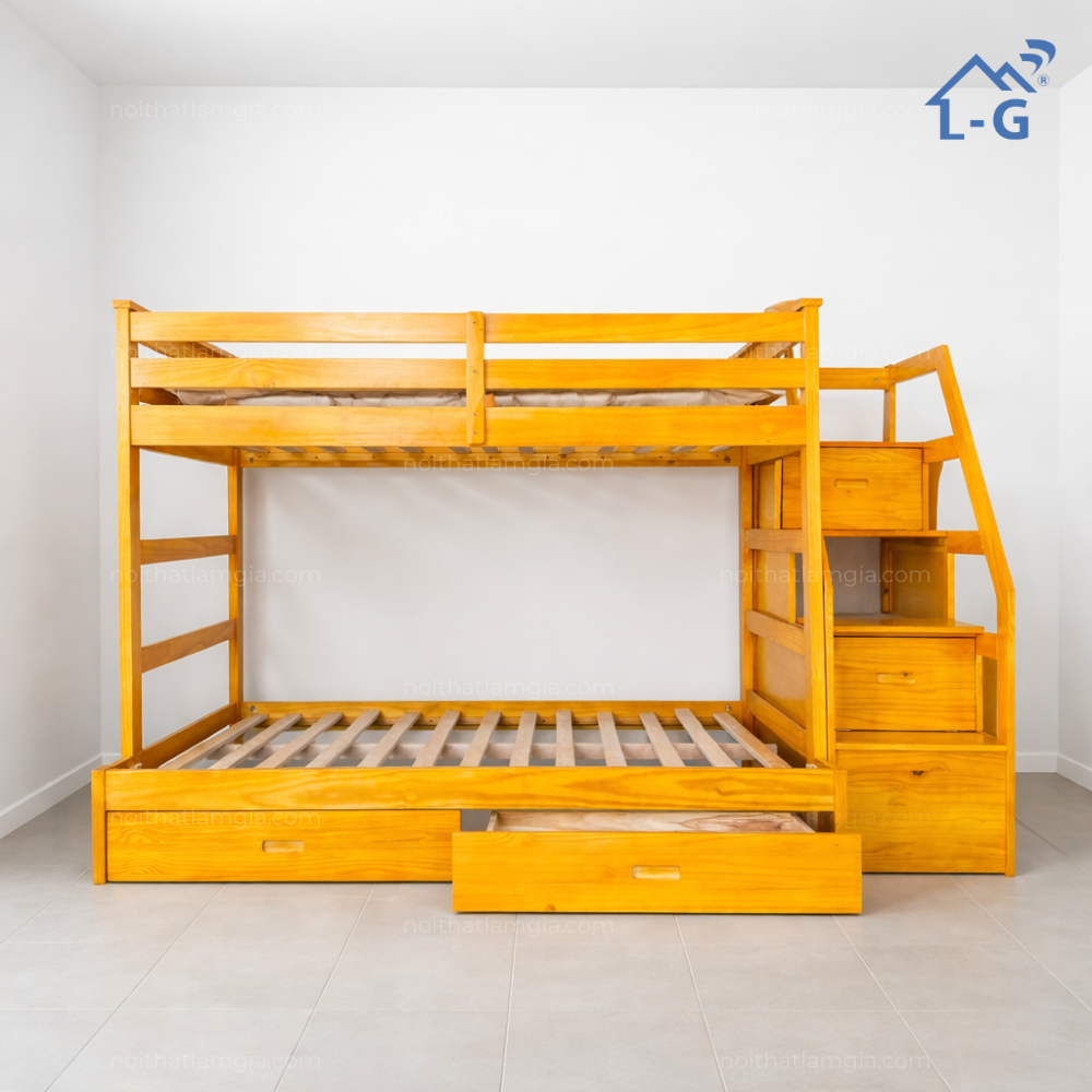 Giường Tầng Gỗ Thông Cầu Thang Hộc Bật (GTGTCTHB)