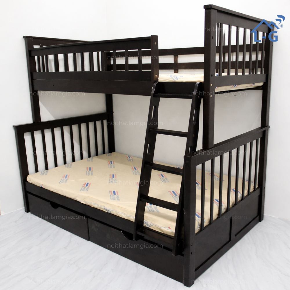 Giường Tầng Gỗ Thông Mẫu Tầng Lệch Hộc Kéo (GTGTMTLHK)