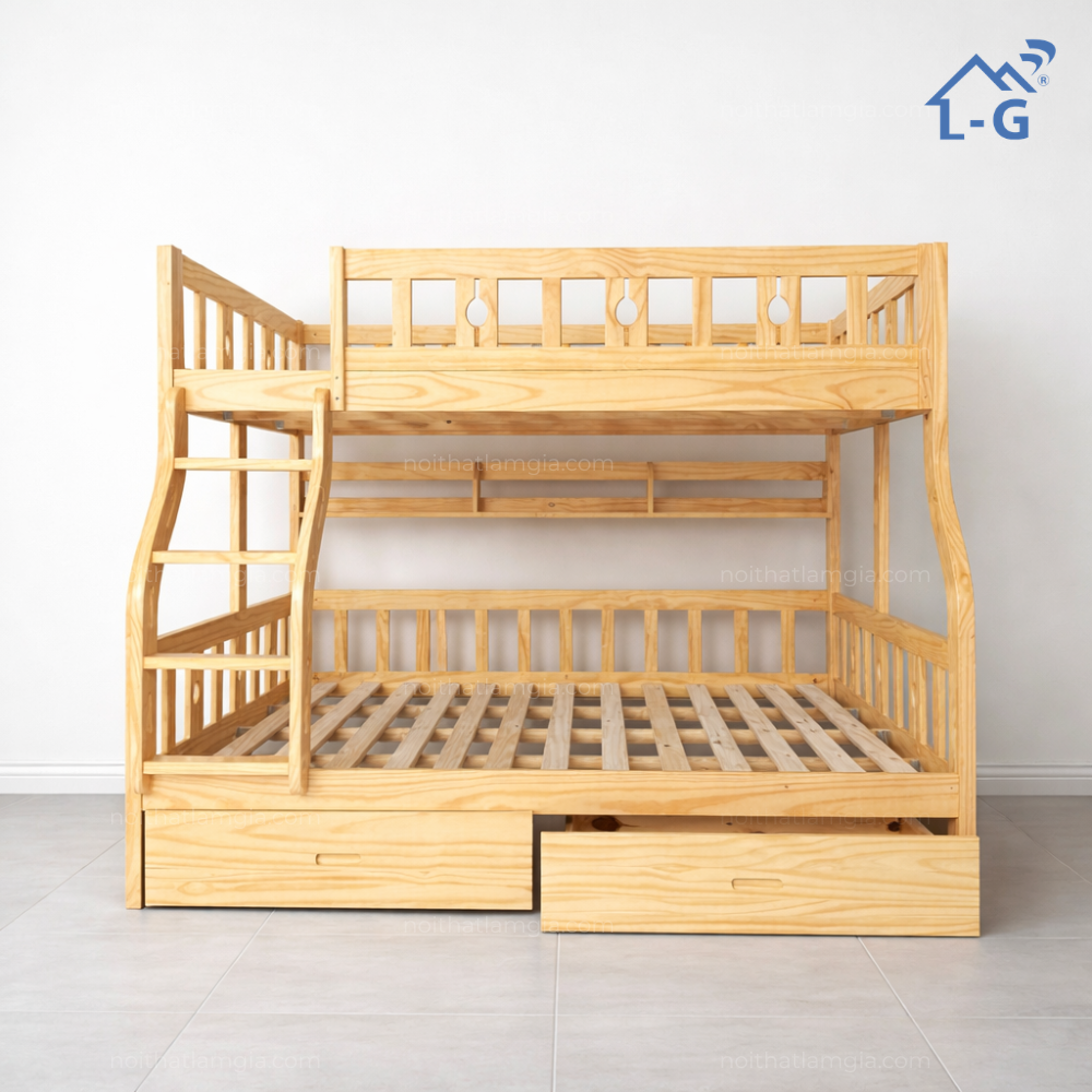 Giường Tầng Lệch Gỗ Thông Cao Cấp Cầu Thang Trèo (GTGTCCCTT)