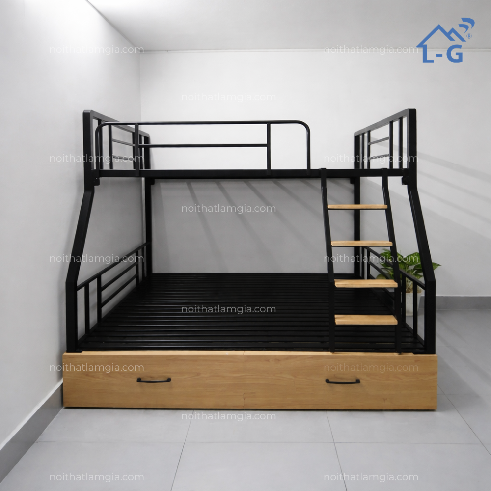 Giường Tầng Sắt Hộp 4x4 Bậc Gỗ Có Hộc Kéo (GTSH4X4BGHK)