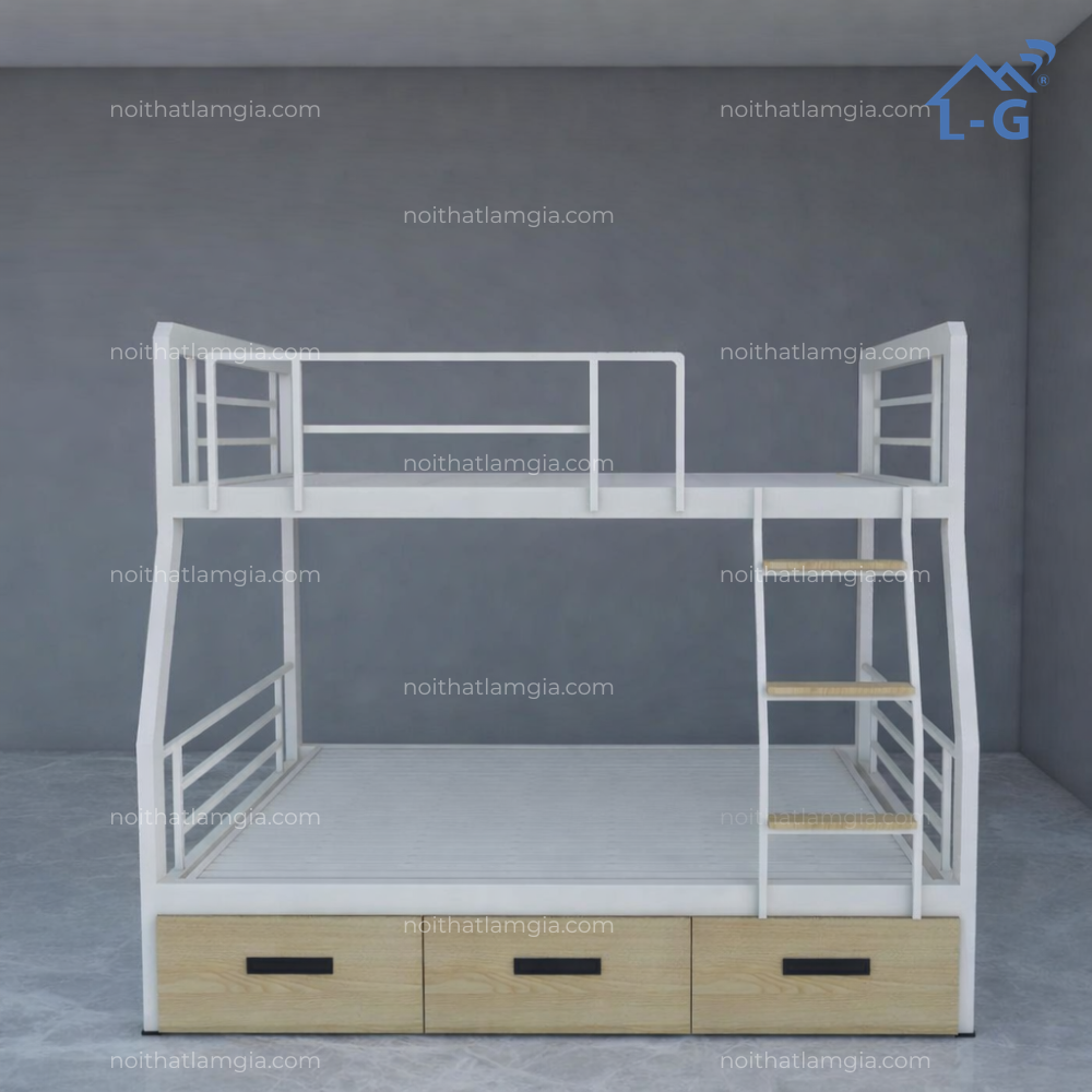 Giường Tầng Sắt Hộp 4x8 Bậc Gỗ Có Hộc Kéo (GTSH4X8BGHK)