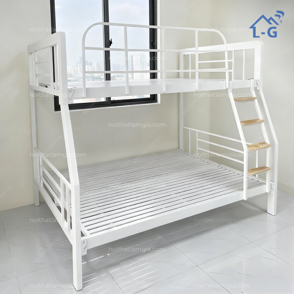 Giường Tầng Sắt Hộp 4x8 Cầu Thang Bậc Gỗ (GTSCTBG)