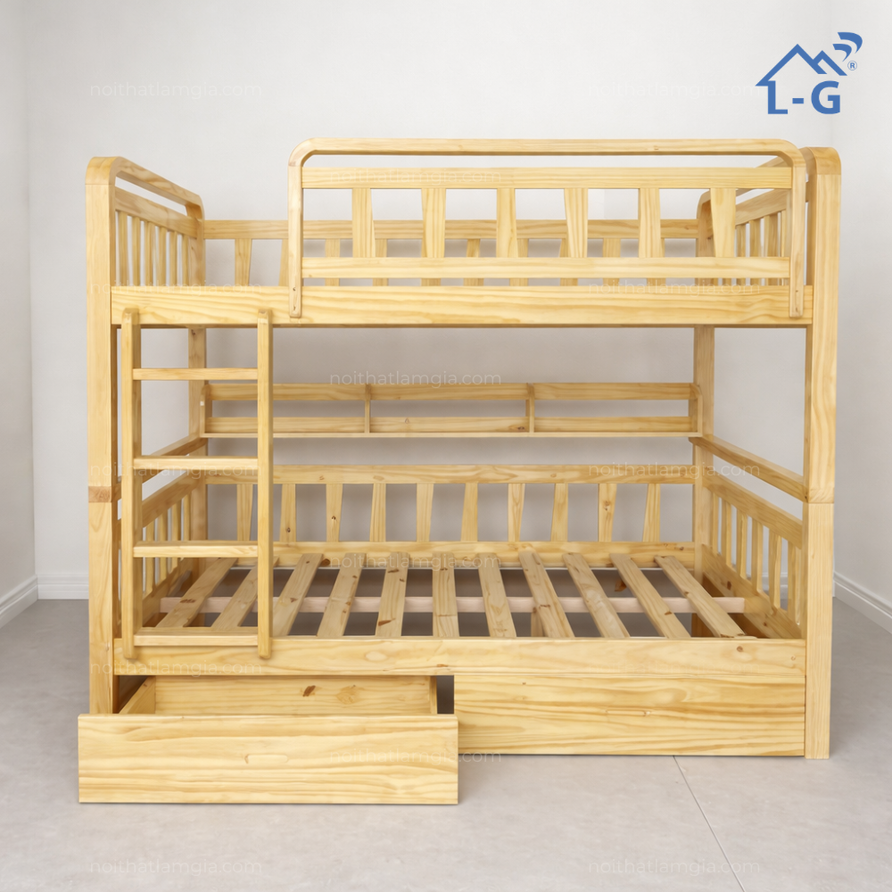 Giường tầng Gỗ Thông Cầu Thang Trèo Mã BIN (GTGTCTTBIN)