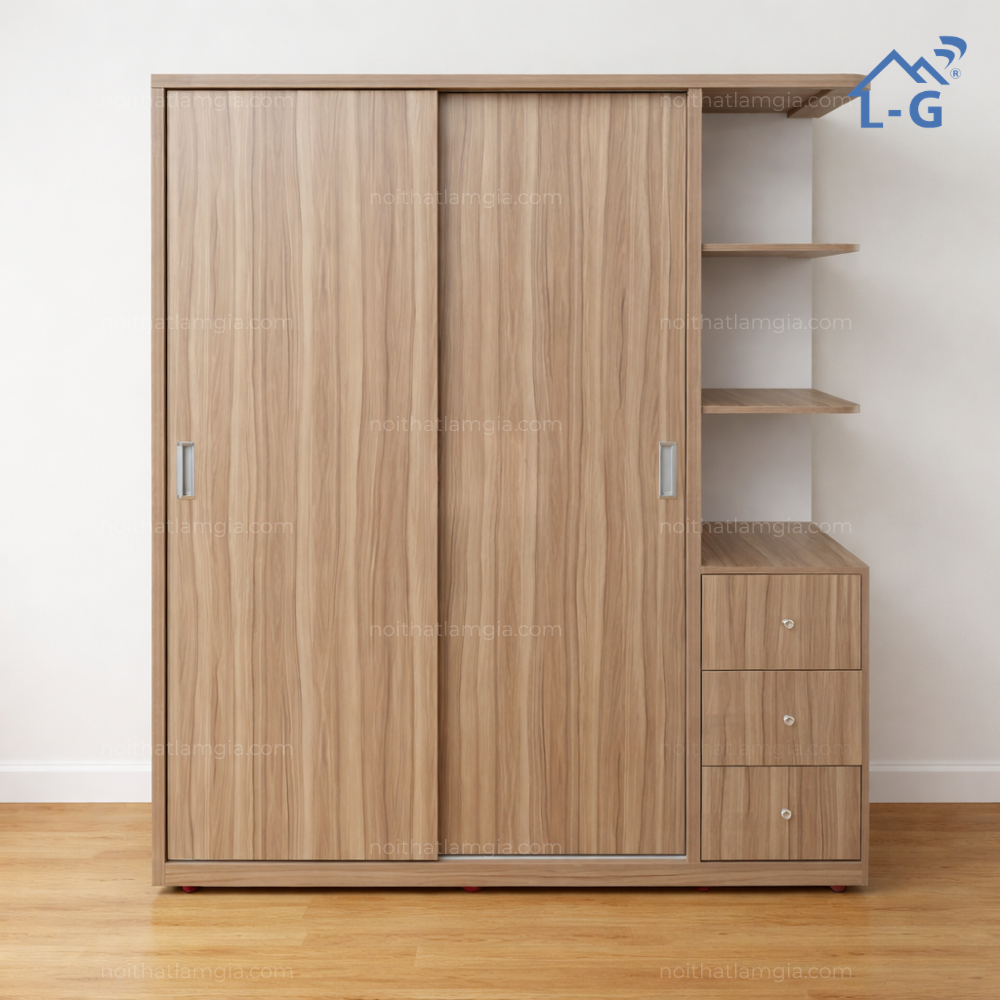 Tủ Quần Áo Gỗ MDF Cửa Lùa Có Kệ Trang Trí (TQAGMDFCL)