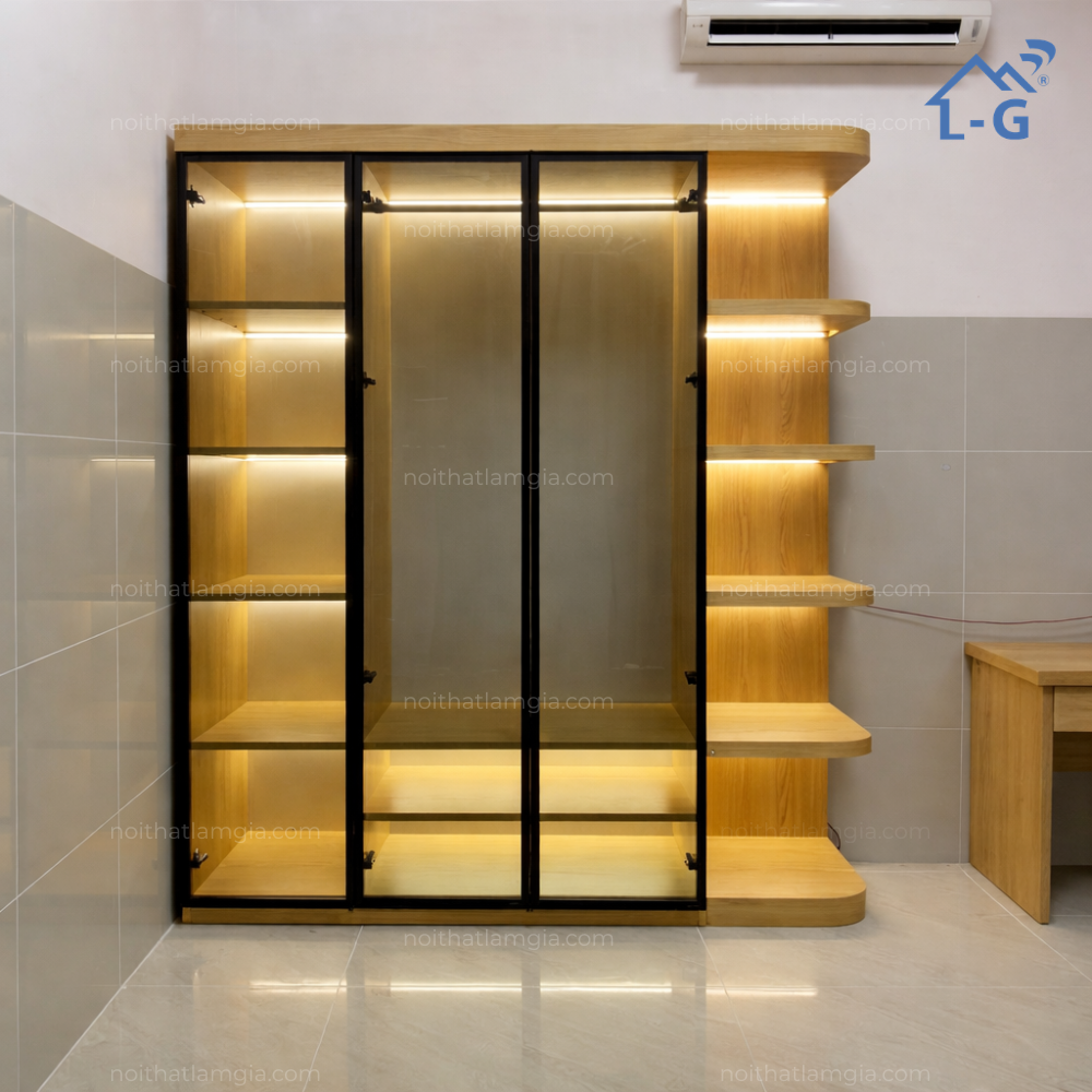 Tủ Quần Áo Nhựa Ecoplast Khung Nhôm Cánh Kính Có Kệ Trang Trí (TQANENCKCKTT)
