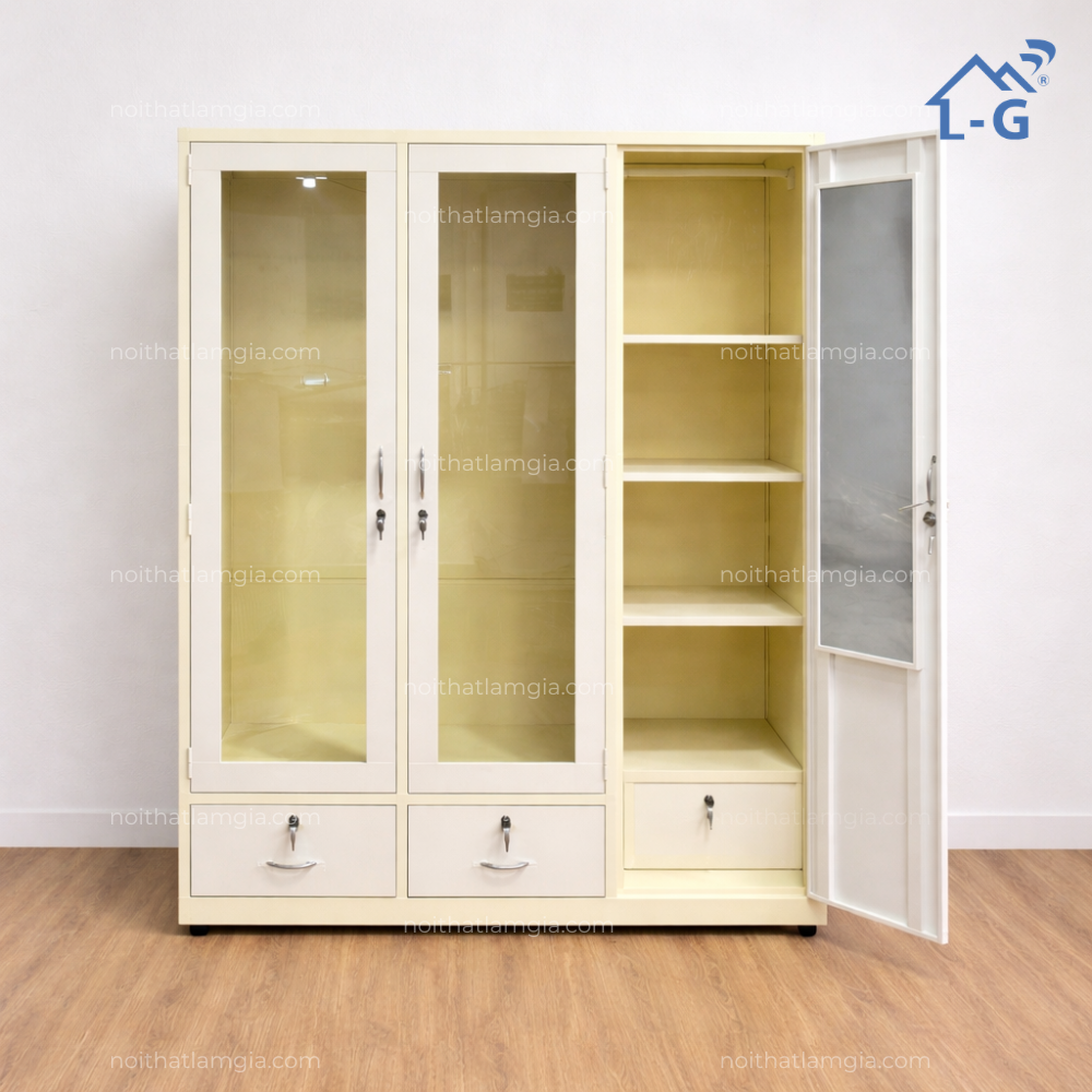 Tủ Quần Áo Sắt Sơn Tĩnh Điện 3 Cánh Kính Trong Suốt (TQASSTD3CKTS)