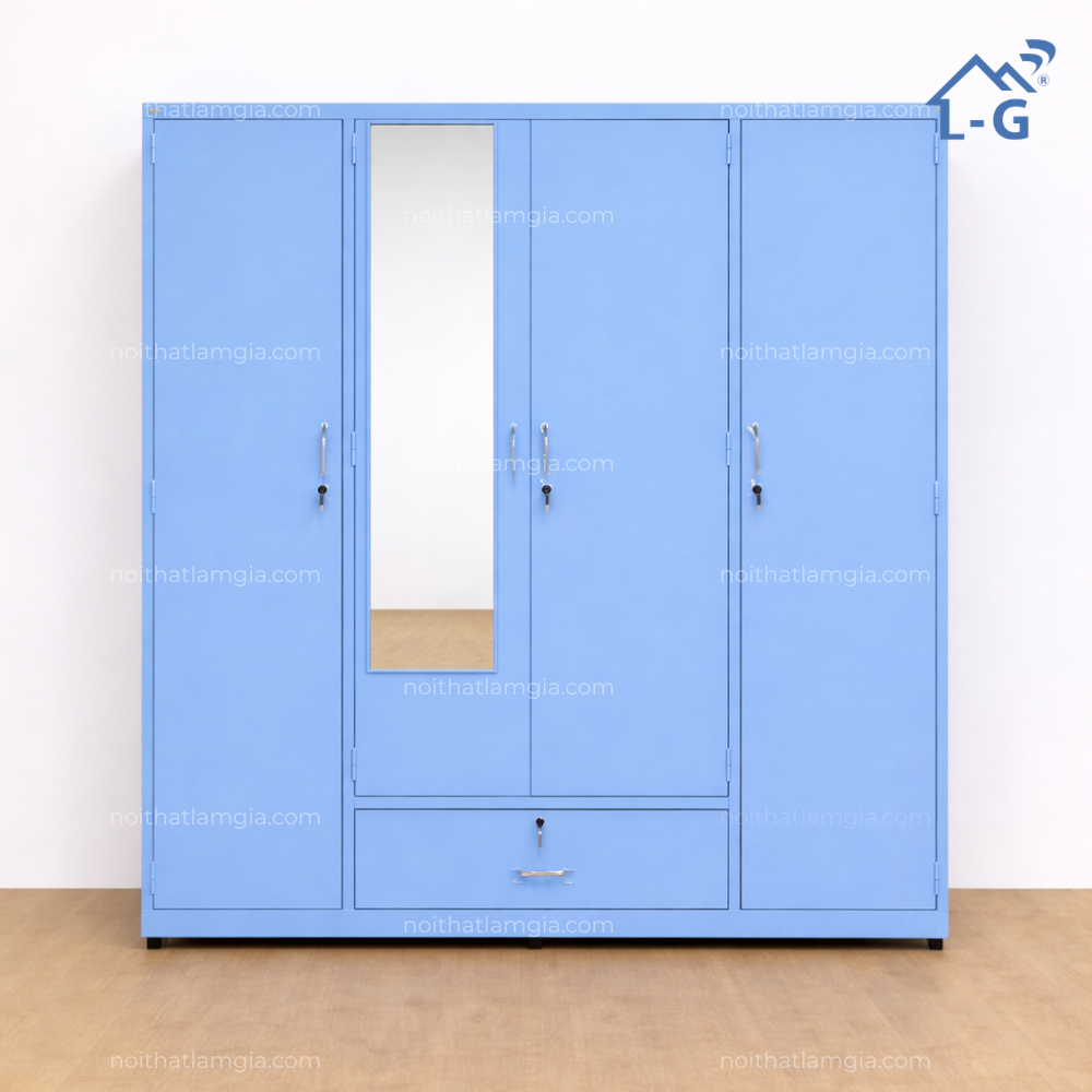 Tủ Quần Áo Sắt Sơn Tĩnh Điện 4 Cánh Mở 1 Hộc Kéo Dài (TQASSTD4C1H)