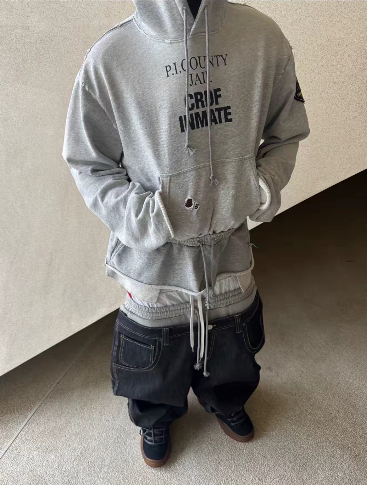 GAGAVOGUE P.I. COUNTY INMATE GRAPHIC DECONSTRUCTED HOODIE