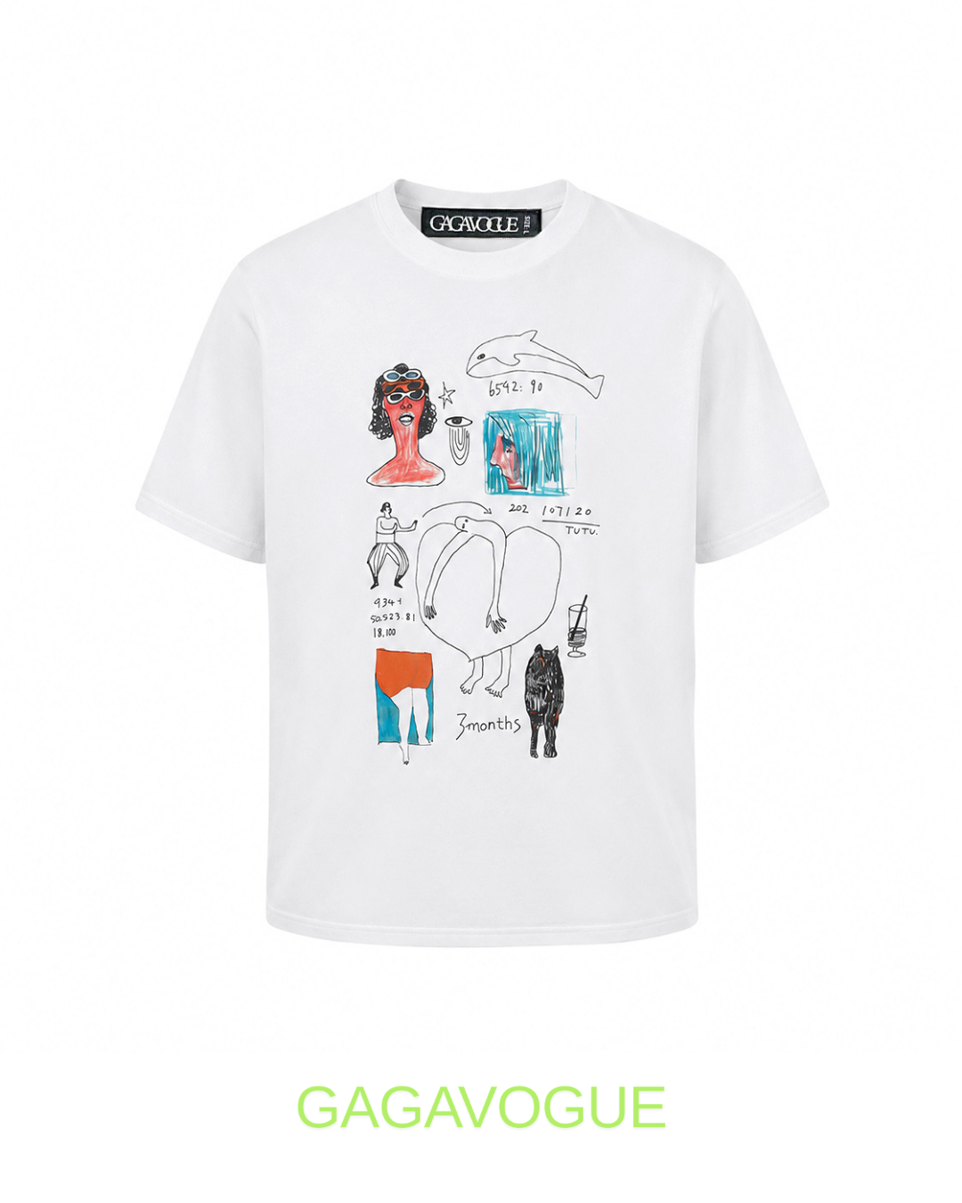 GAGAVOGUE BLUE RED DOODLE GRAPHIC OVERSIZE T-SHIRT