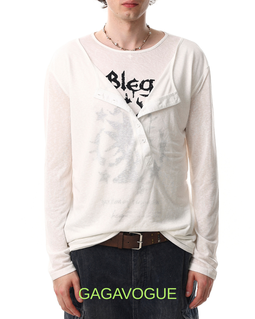 GAGAVOGUE FADED BLOG ASYMMETRIC HENLEY LONG SLEEVE TEE