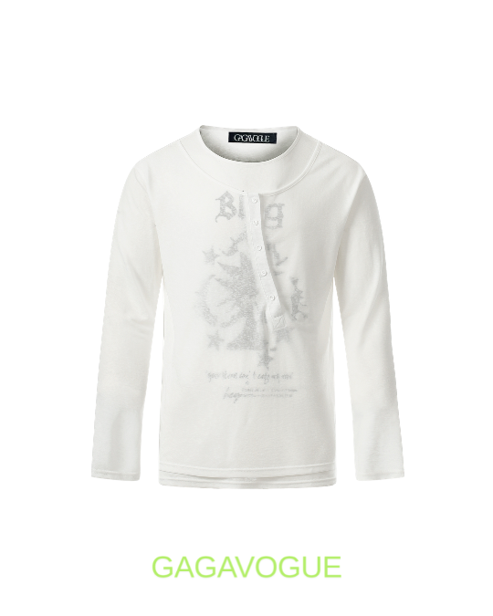 GAGAVOGUE FADED BLOG ASYMMETRIC HENLEY LONG SLEEVE TEE