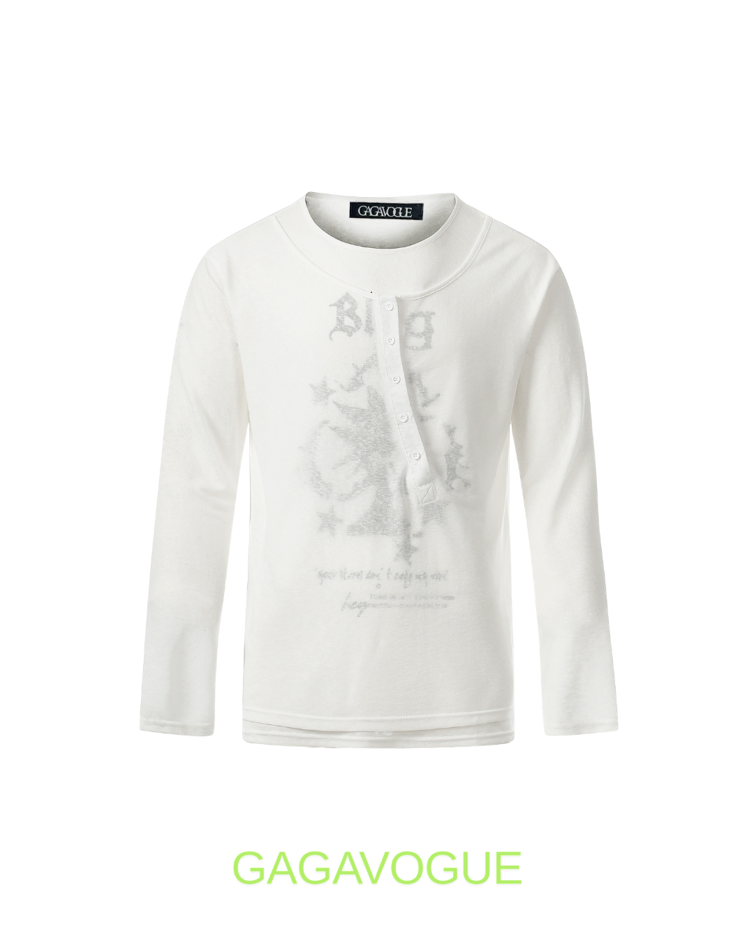 GAGAVOGUE FADED BLOG ASYMMETRIC HENLEY LONG SLEEVE TEE