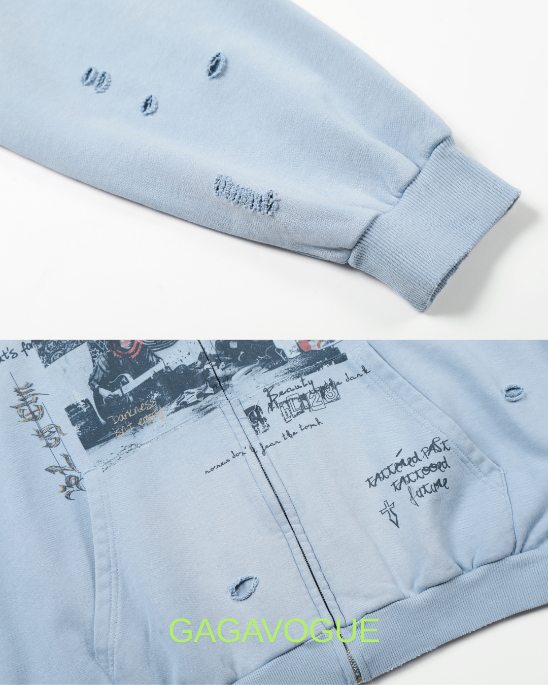 GAGAVOGUE SKY BLUE DISTRESSED GRAPHIC ZIP HOODIE