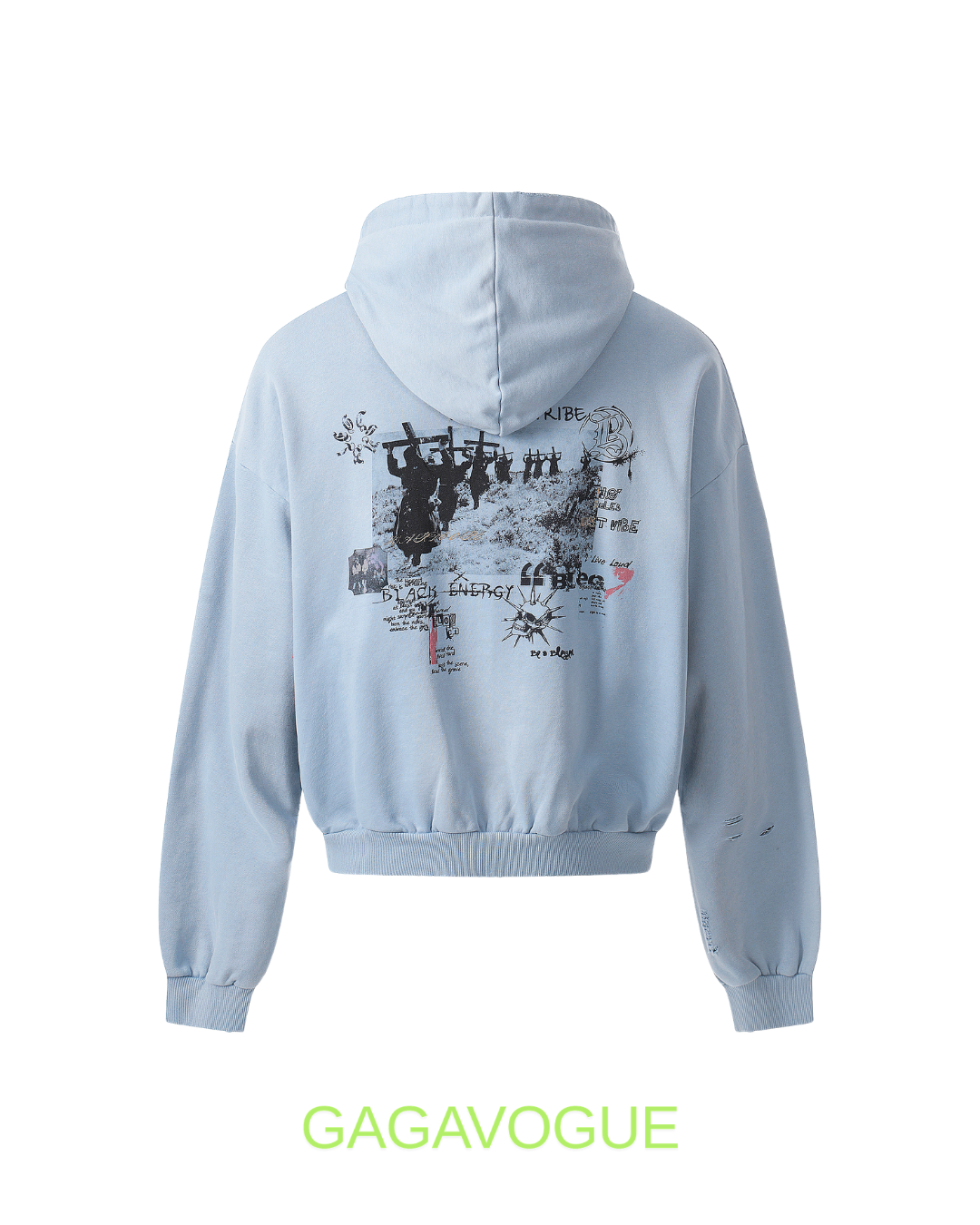 GAGAVOGUE SKY BLUE DISTRESSED GRAPHIC ZIP HOODIE