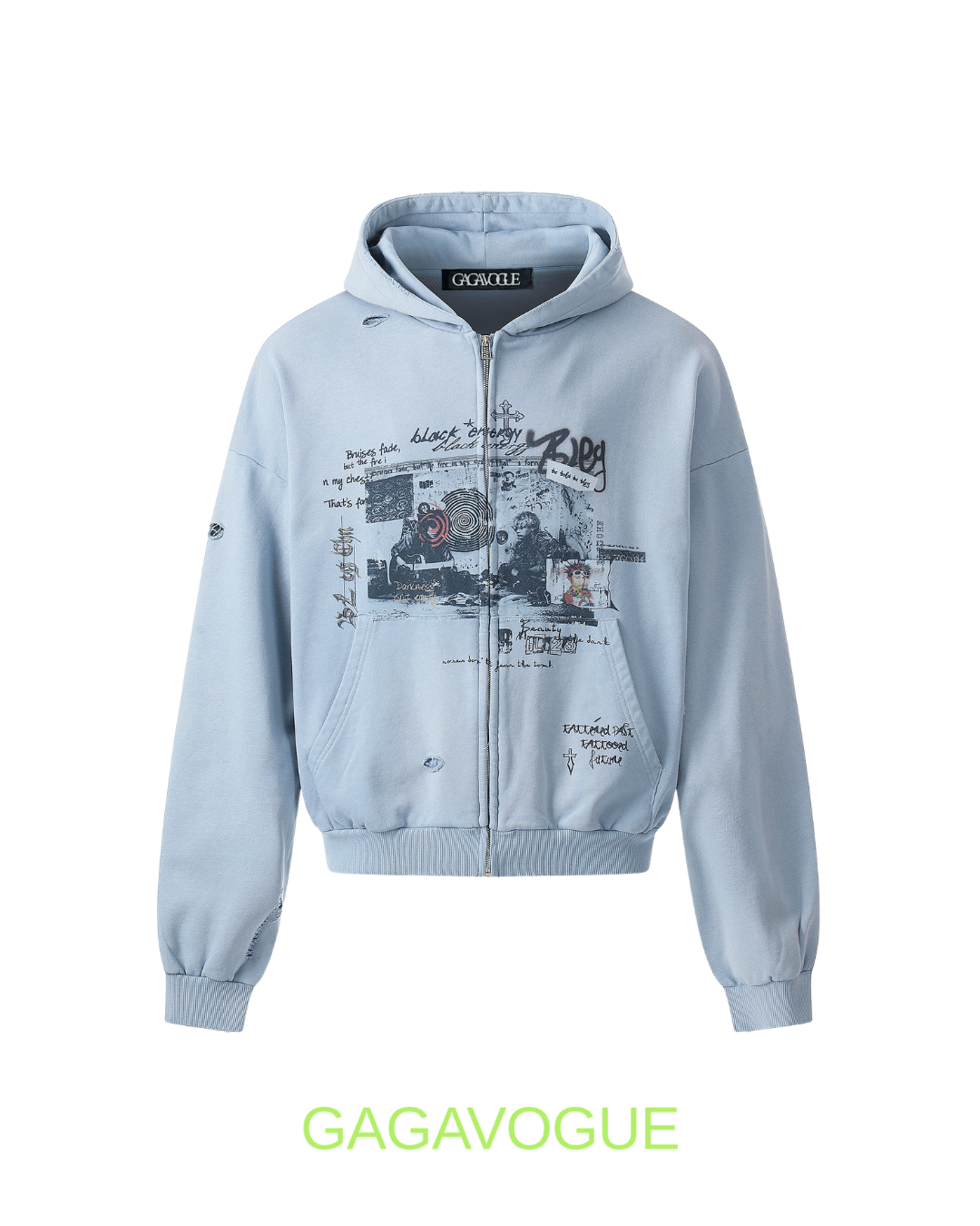 GAGAVOGUE SKY BLUE DISTRESSED GRAPHIC ZIP HOODIE