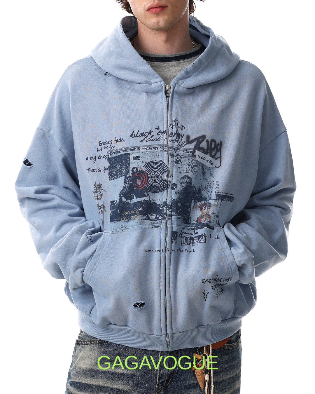 GAGAVOGUE SKY BLUE DISTRESSED GRAPHIC ZIP HOODIE