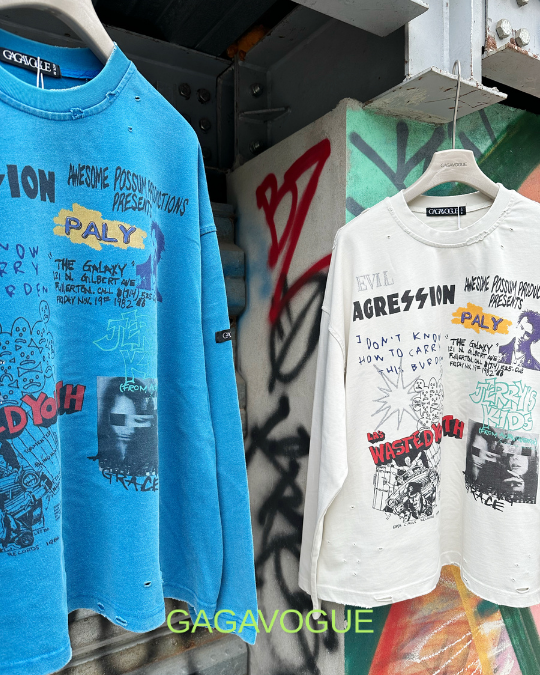 GAGAVOGUE AGRESSION DISTRESSED LONG SLEEVE TEE