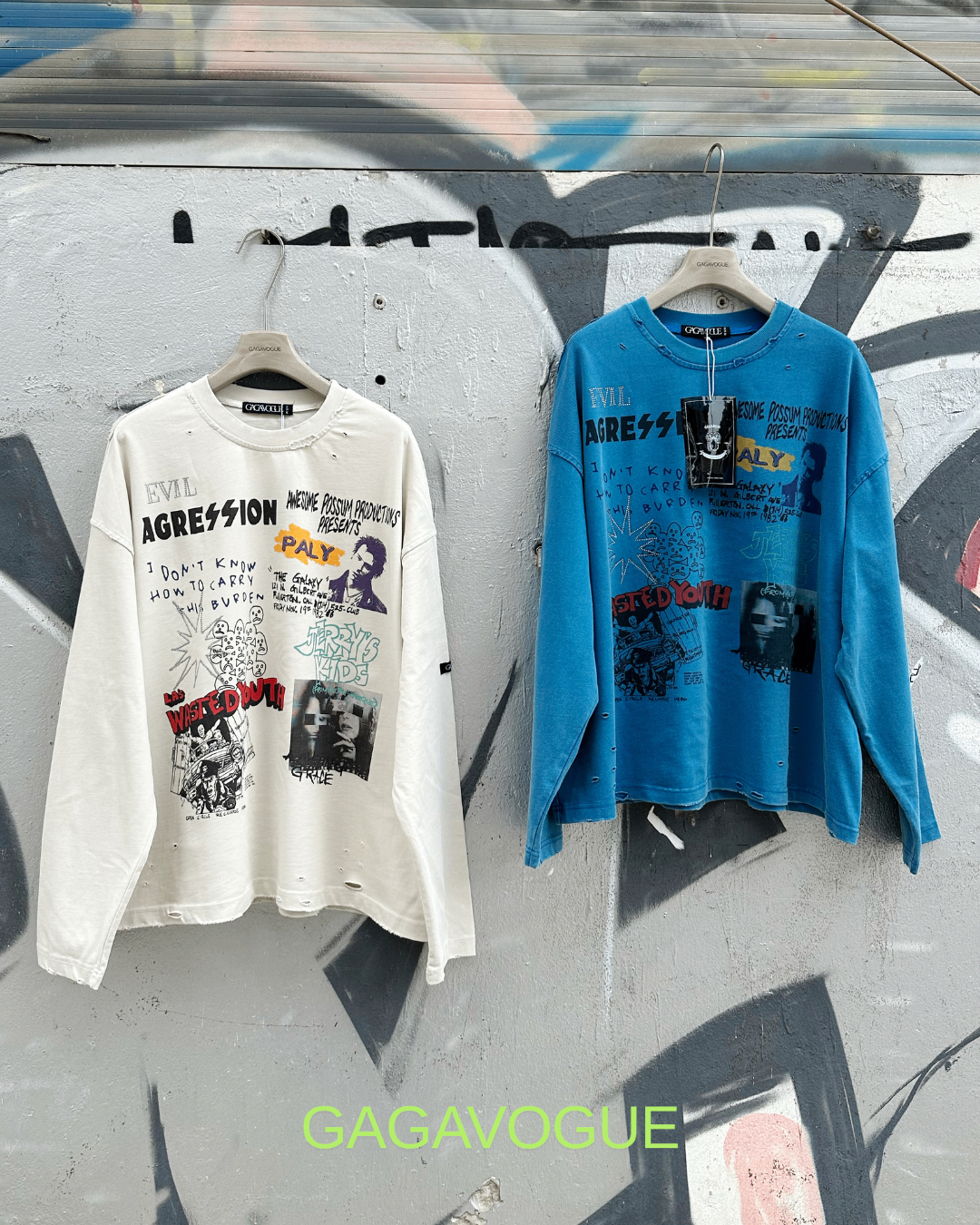 GAGAVOGUE AGRESSION DISTRESSED LONG SLEEVE TEE