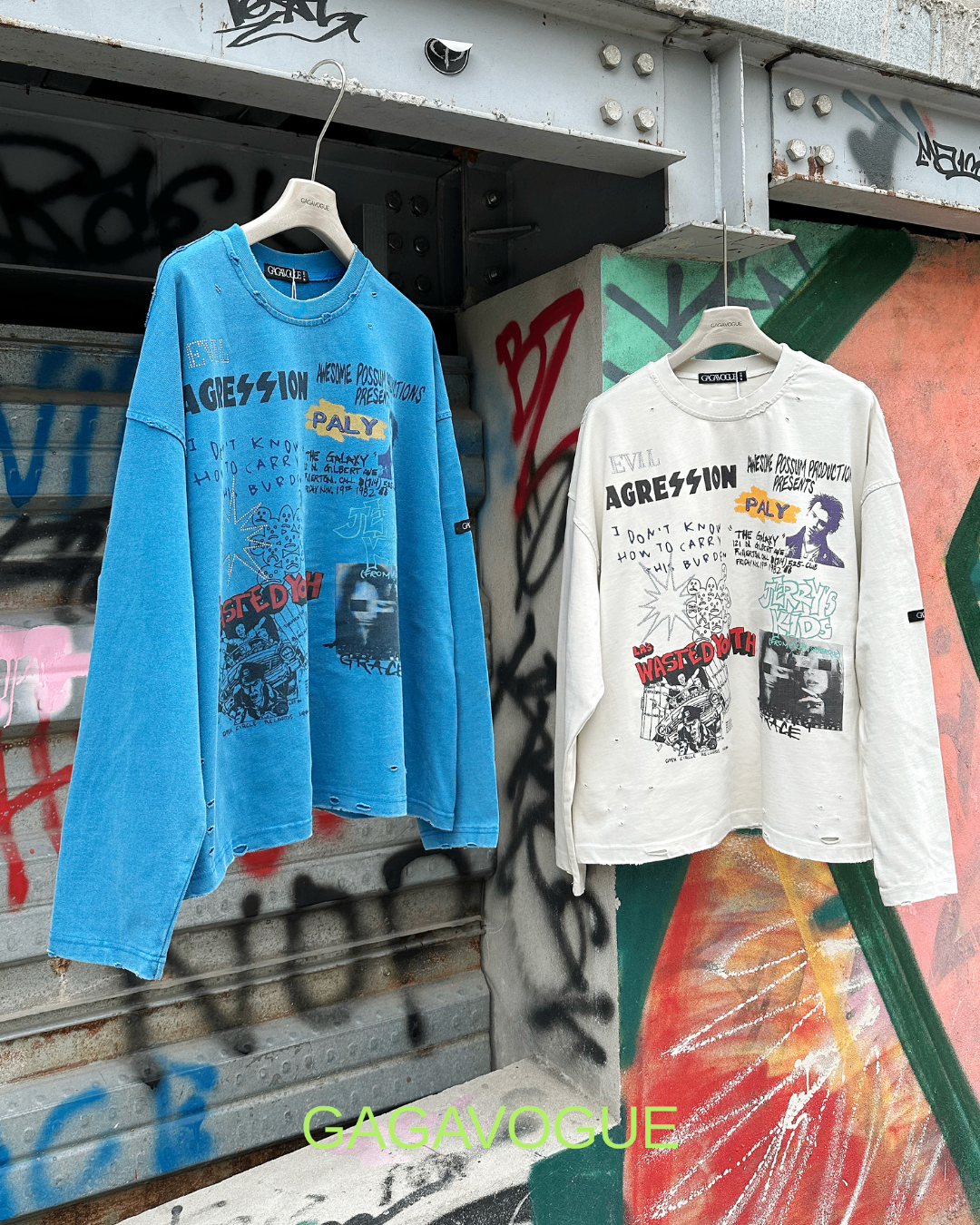 GAGAVOGUE AGRESSION DISTRESSED LONG SLEEVE TEE
