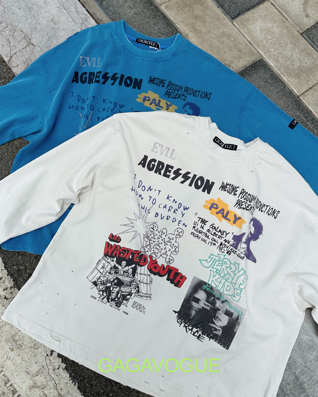GAGAVOGUE AGRESSION DISTRESSED LONG SLEEVE TEE
