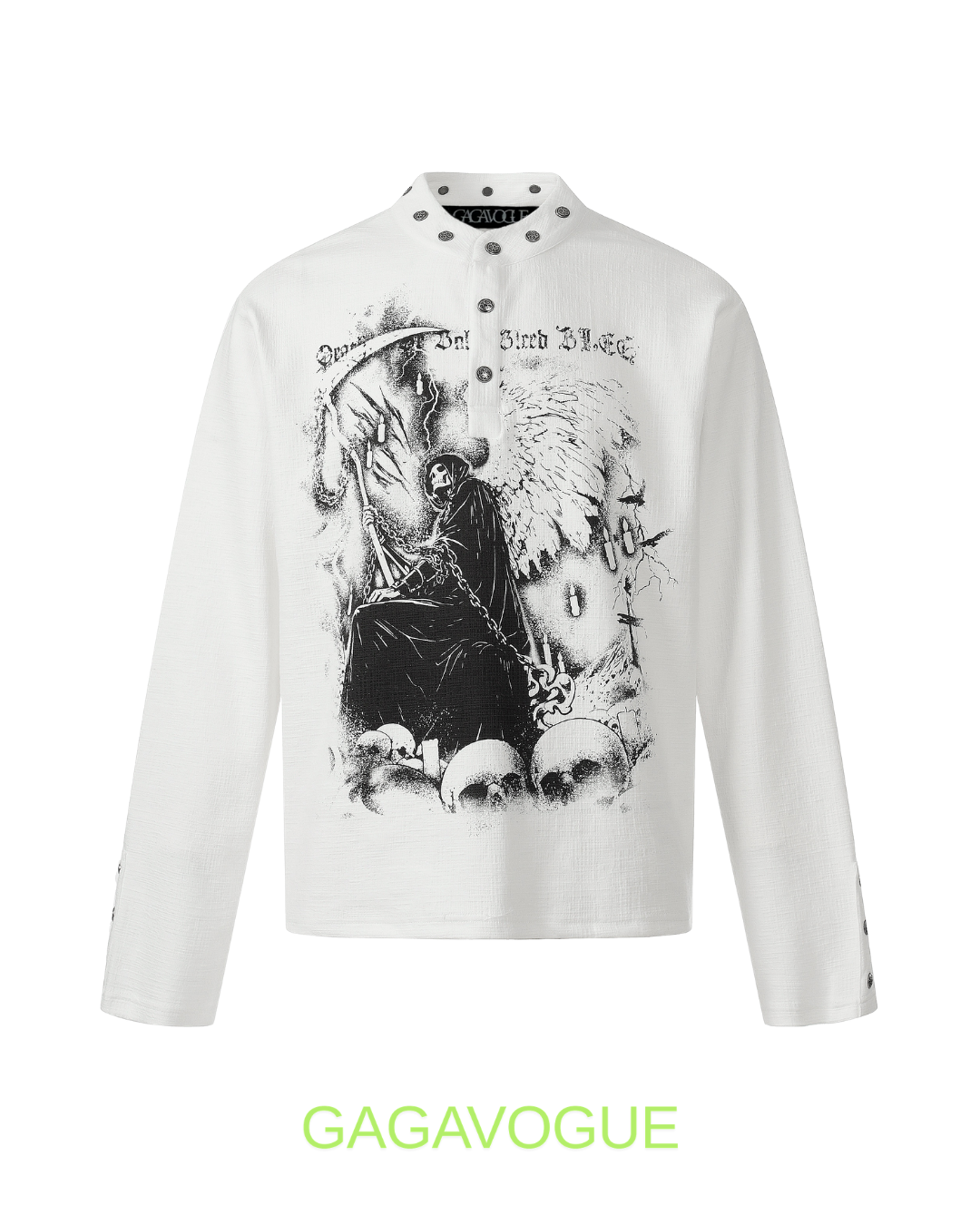 GAGAVOGUE BORN BLACK GOTHIC GRAPHIC HENLEY LONG SLEEVE TEE