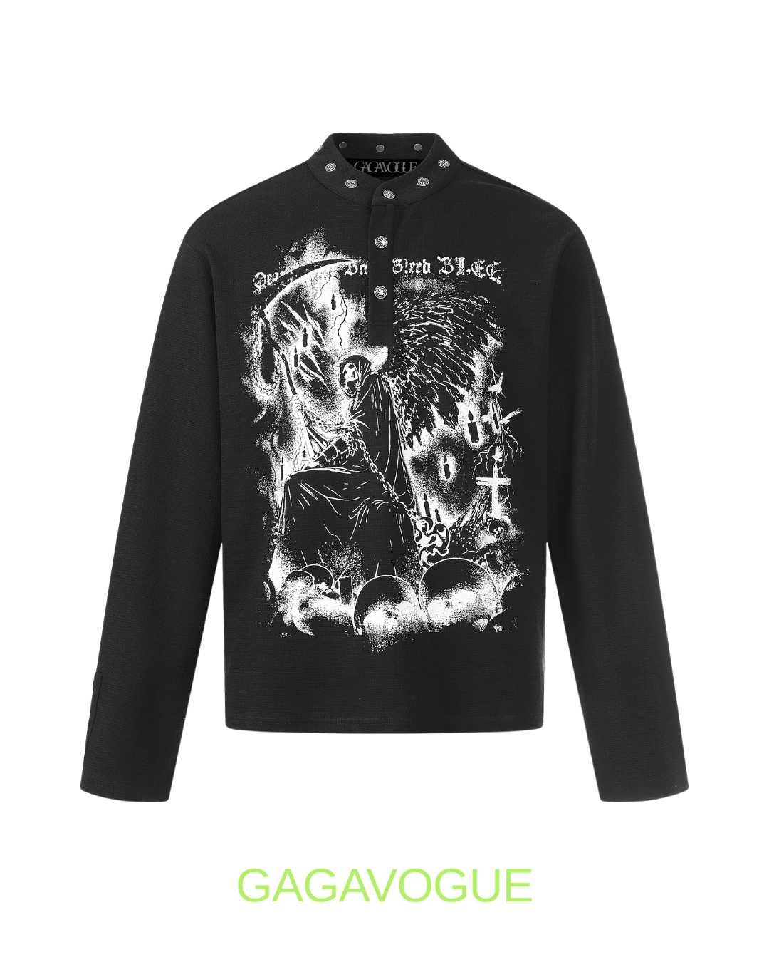 GAGAVOGUE BORN BLACK GOTHIC GRAPHIC HENLEY LONG SLEEVE TEE
