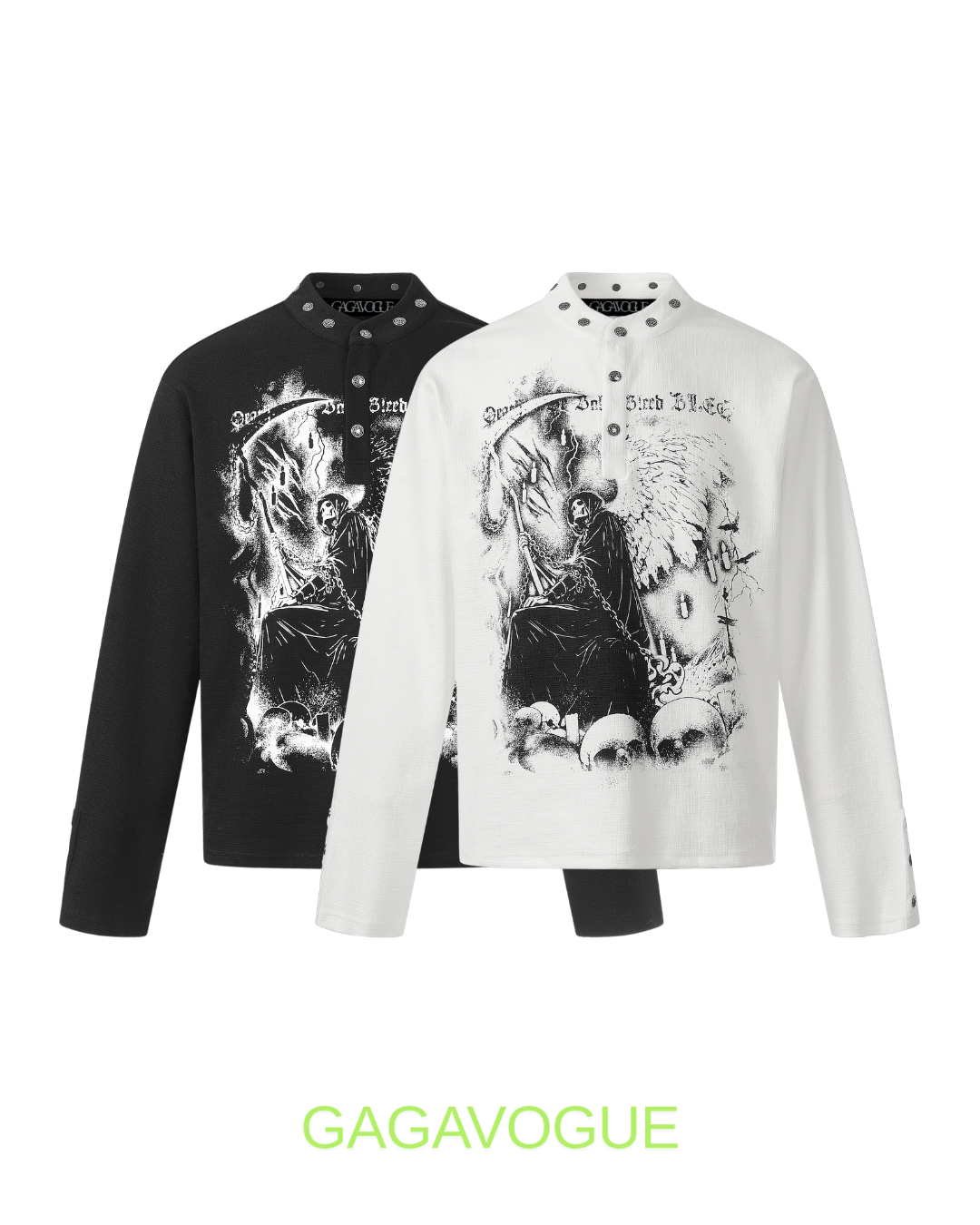 GAGAVOGUE BORN BLACK GOTHIC GRAPHIC HENLEY LONG SLEEVE TEE