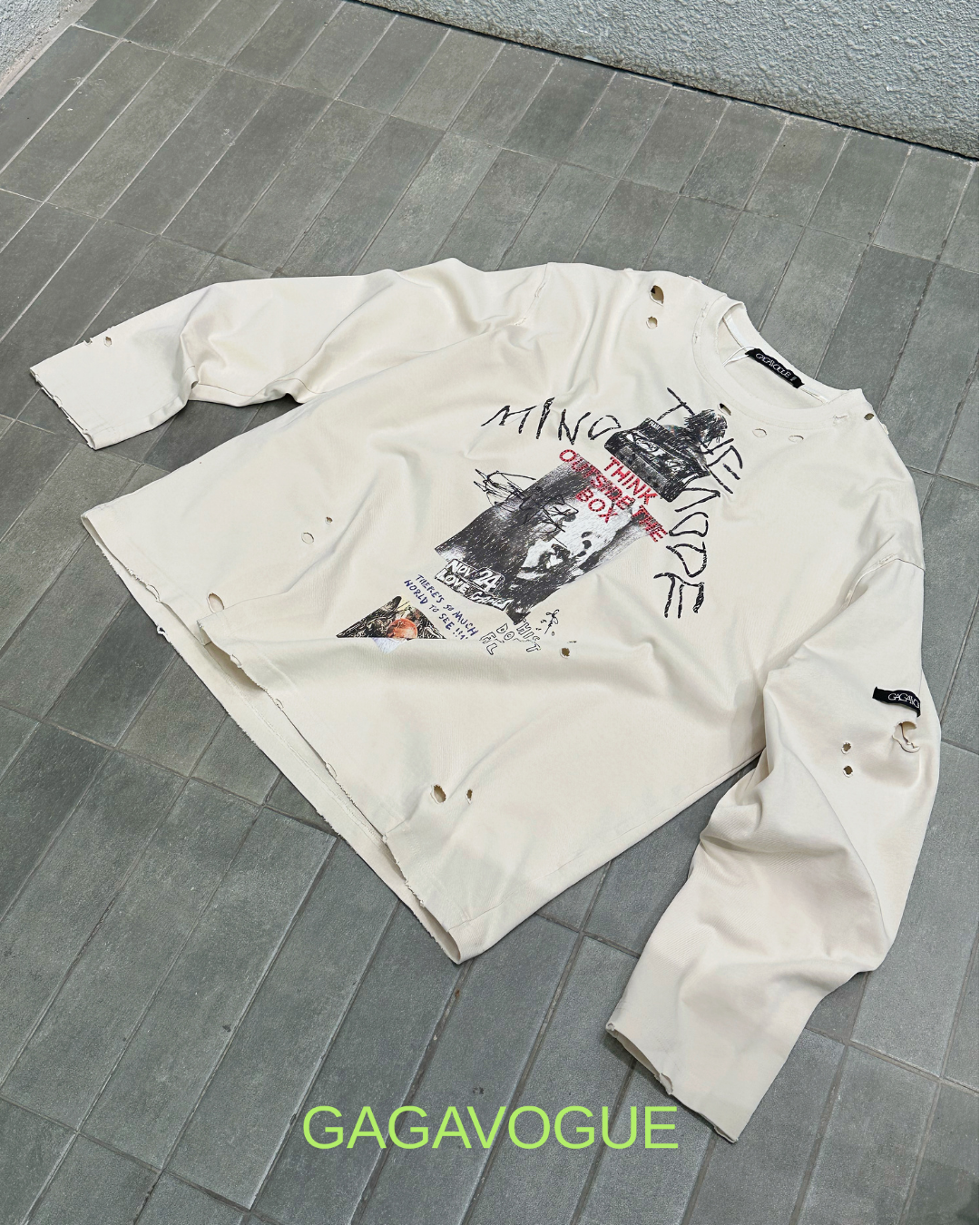 GAGAVOGUE THINK OUTSIDE THE BOX DISTRESSED SWEATSHIRT