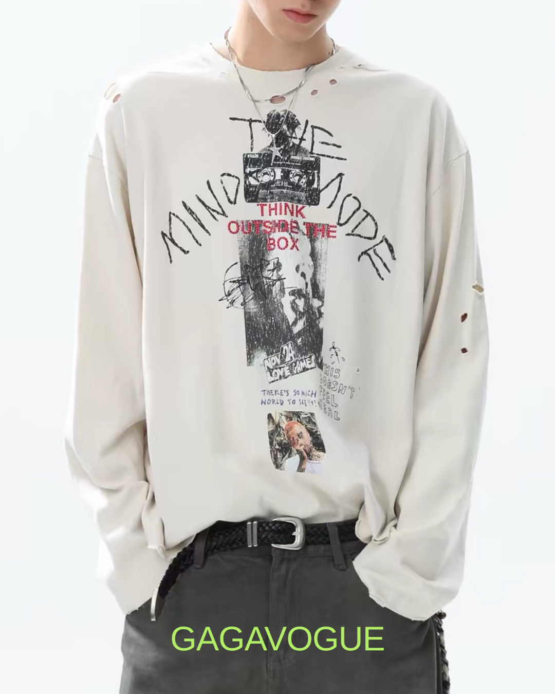 GAGAVOGUE THINK OUTSIDE THE BOX DISTRESSED SWEATSHIRT