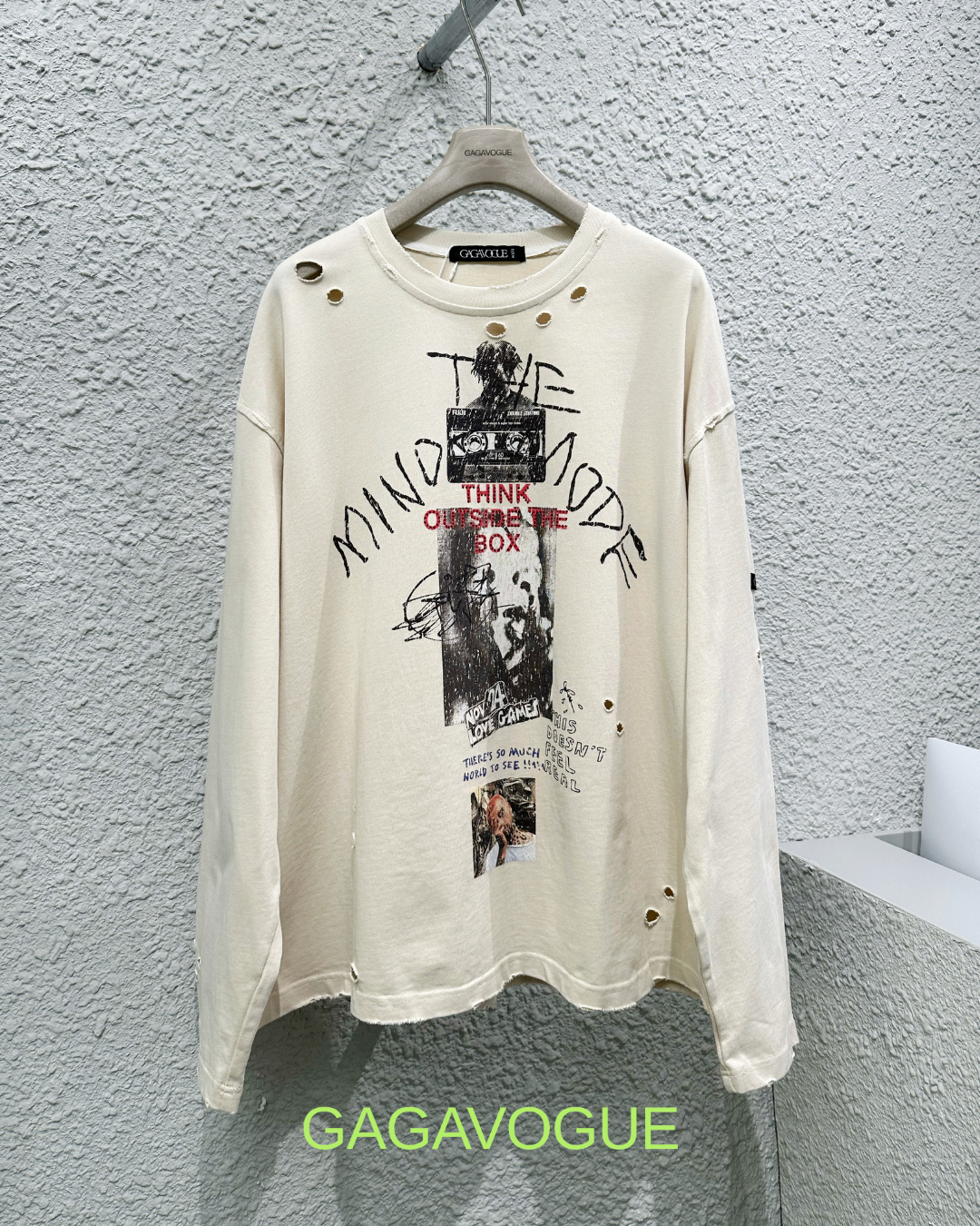 GAGAVOGUE THINK OUTSIDE THE BOX DISTRESSED SWEATSHIRT