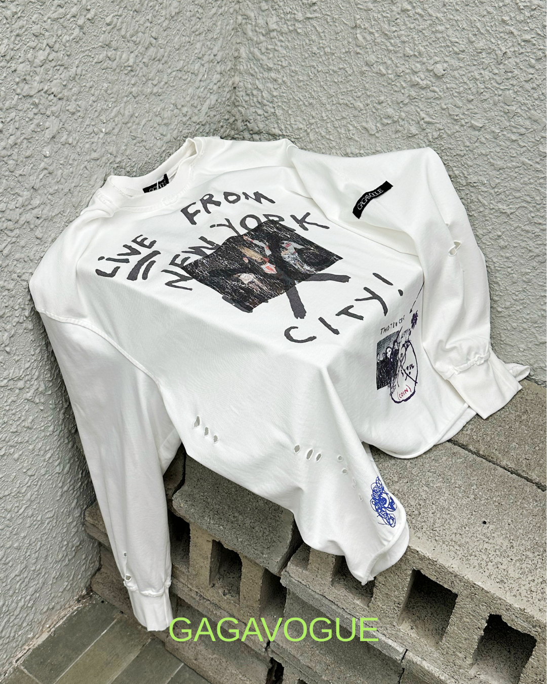GAGAVOGUE LIVE FROM NEW YORK DISTRESSED LONG SLEEVE T-SHIRT