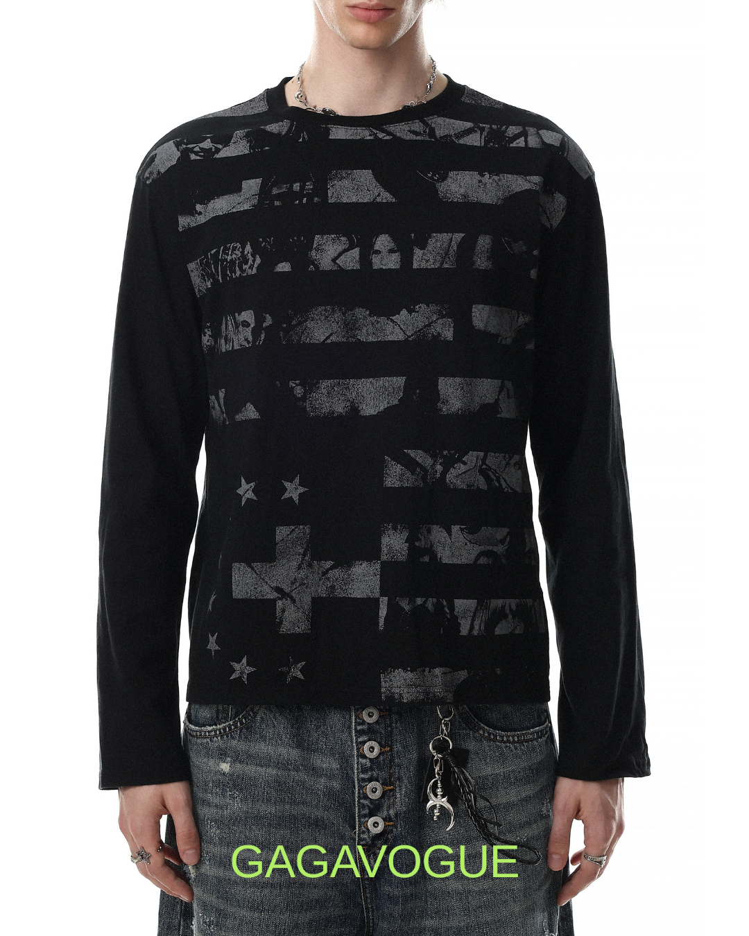 GAGAVOGUE VINTAGE FLAG WASHED GRAPHIC LONG SLEEVE T-SHIRT