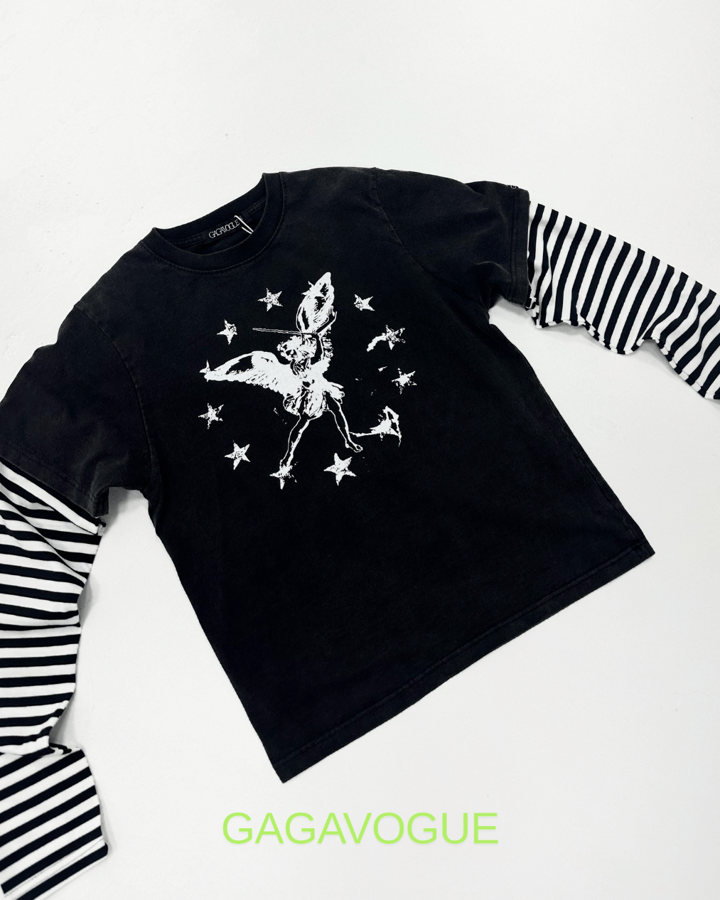 GAGAVOGUE STAR ANGEL LAYERED STRIPED LONG SLEEVE T-SHIRT