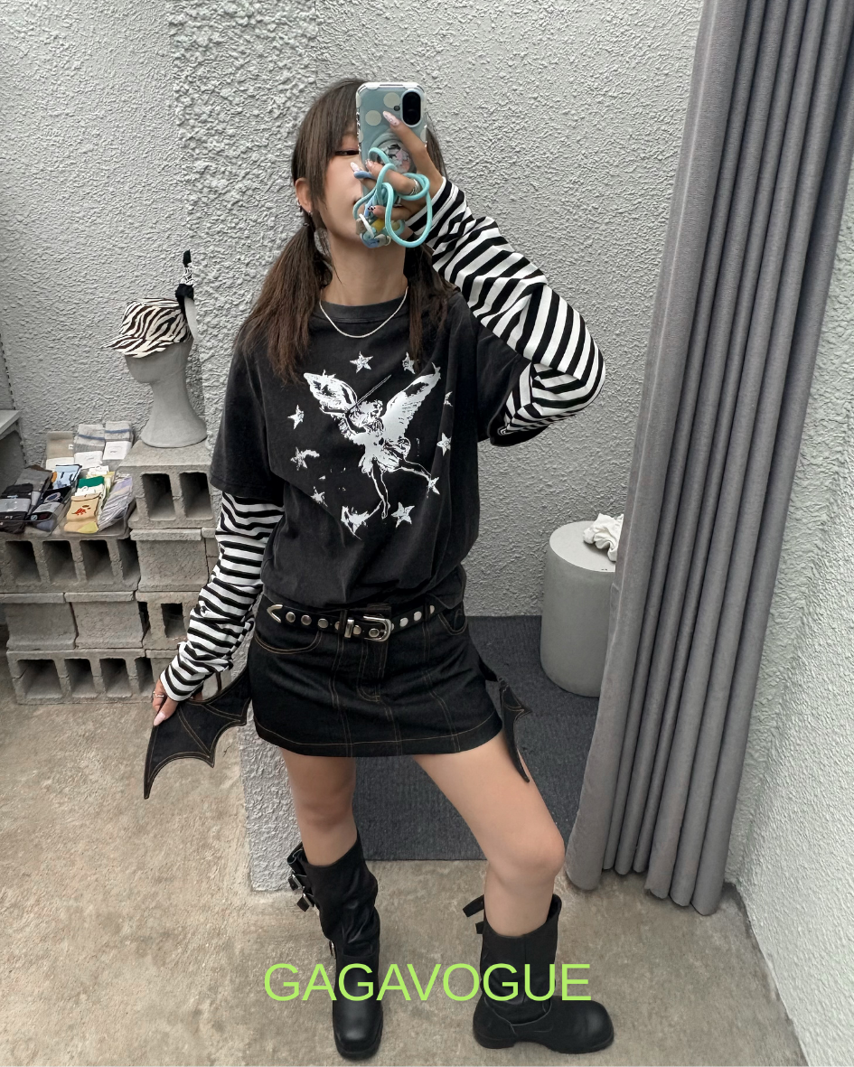 GAGAVOGUE STAR ANGEL LAYERED STRIPED LONG SLEEVE T-SHIRT