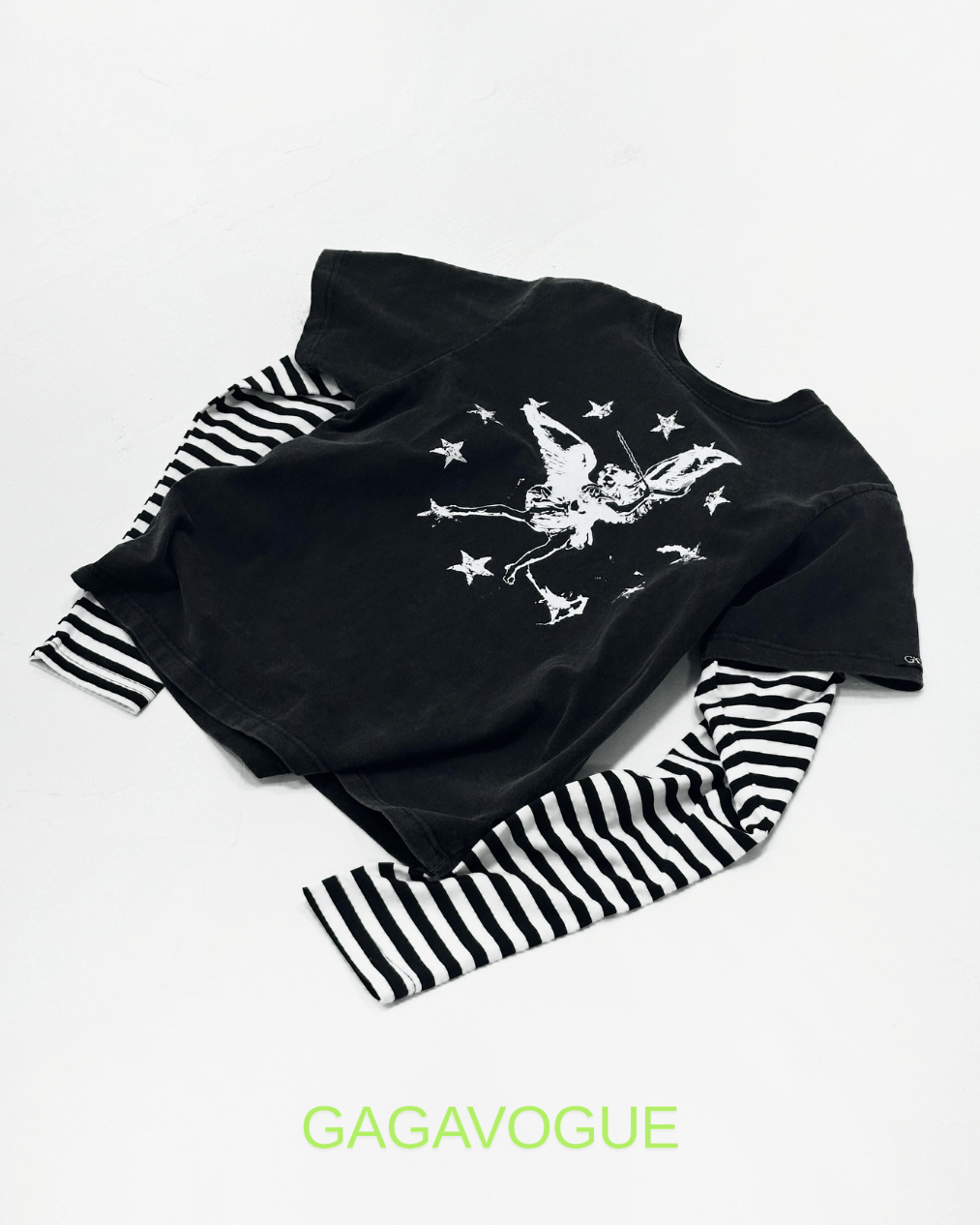GAGAVOGUE STAR ANGEL LAYERED STRIPED LONG SLEEVE T-SHIRT