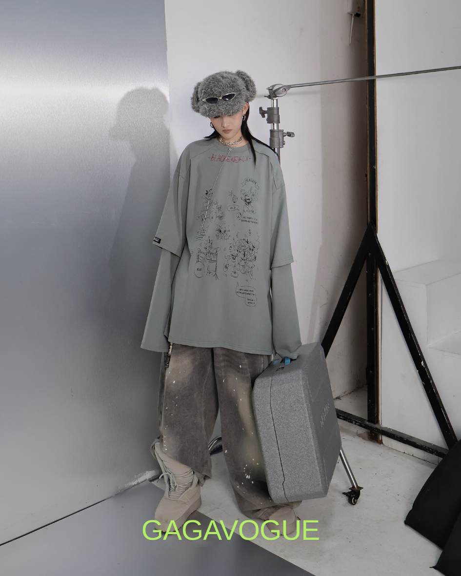 GAGAVOGUE VINTAGE LAYERED CARTOON LONG SLEEVE TEE
